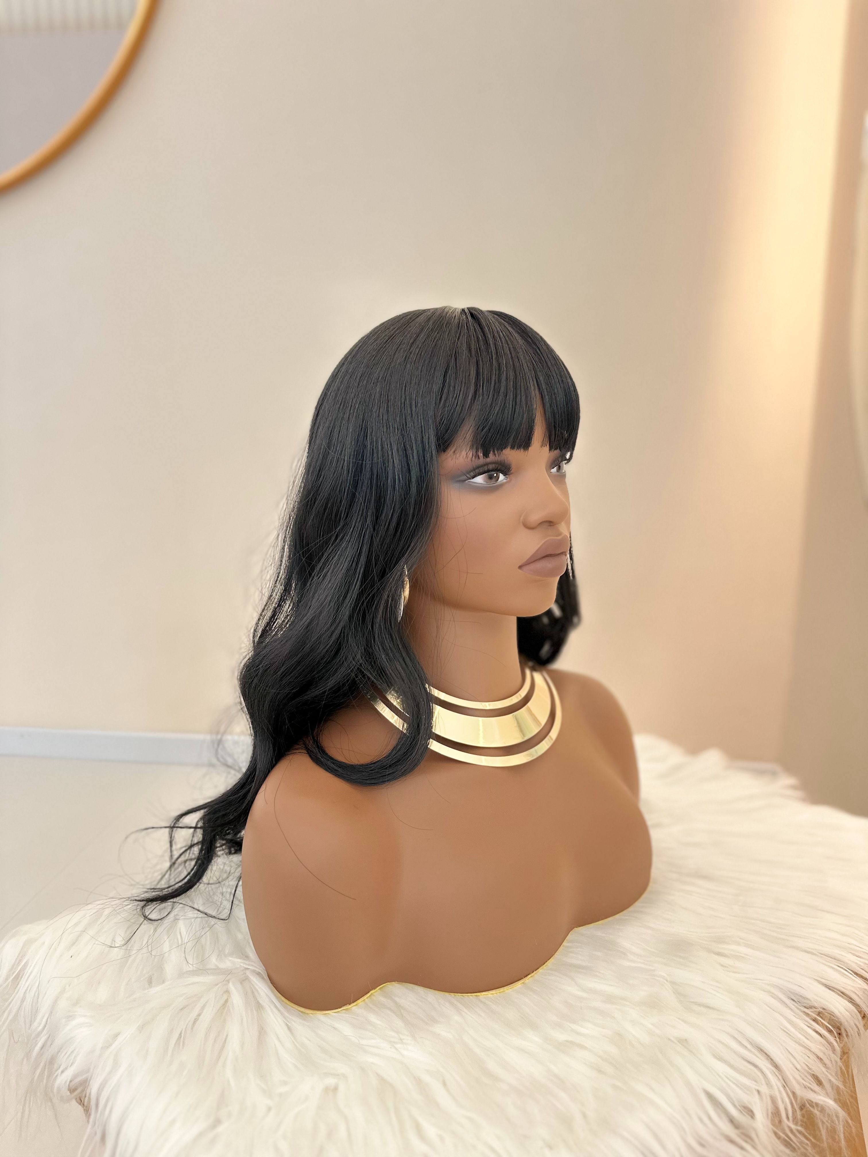 Synthetic Body Wave Wigs - 26 Inch 1B Black | Blunt Bangs & Natural Curls (African Women, Quick Install, Birthday Gift)