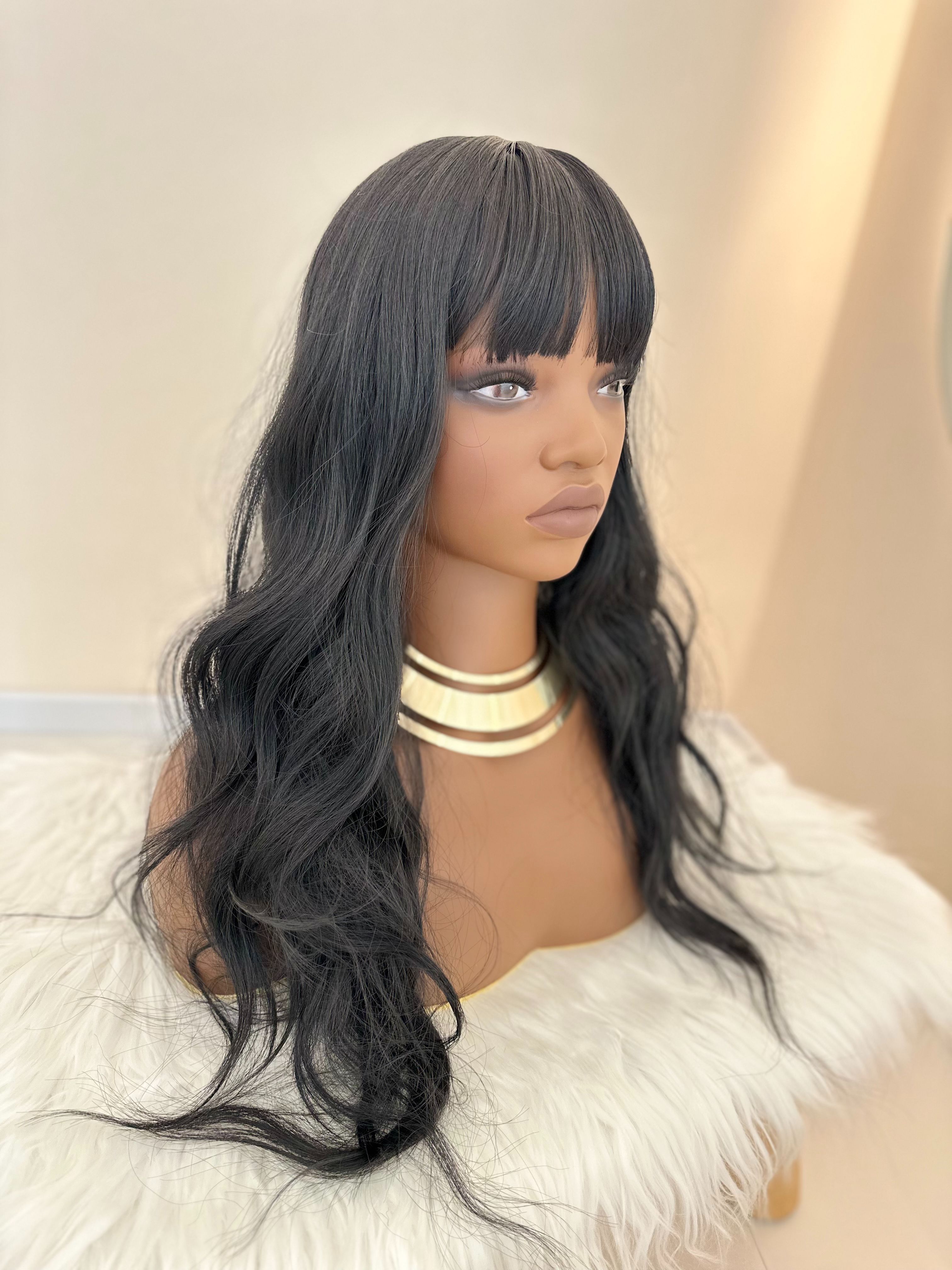 Synthetic Body Wave Wigs - 26 Inch 1B Black | Blunt Bangs & Natural Curls (African Women, Quick Install, Birthday Gift)