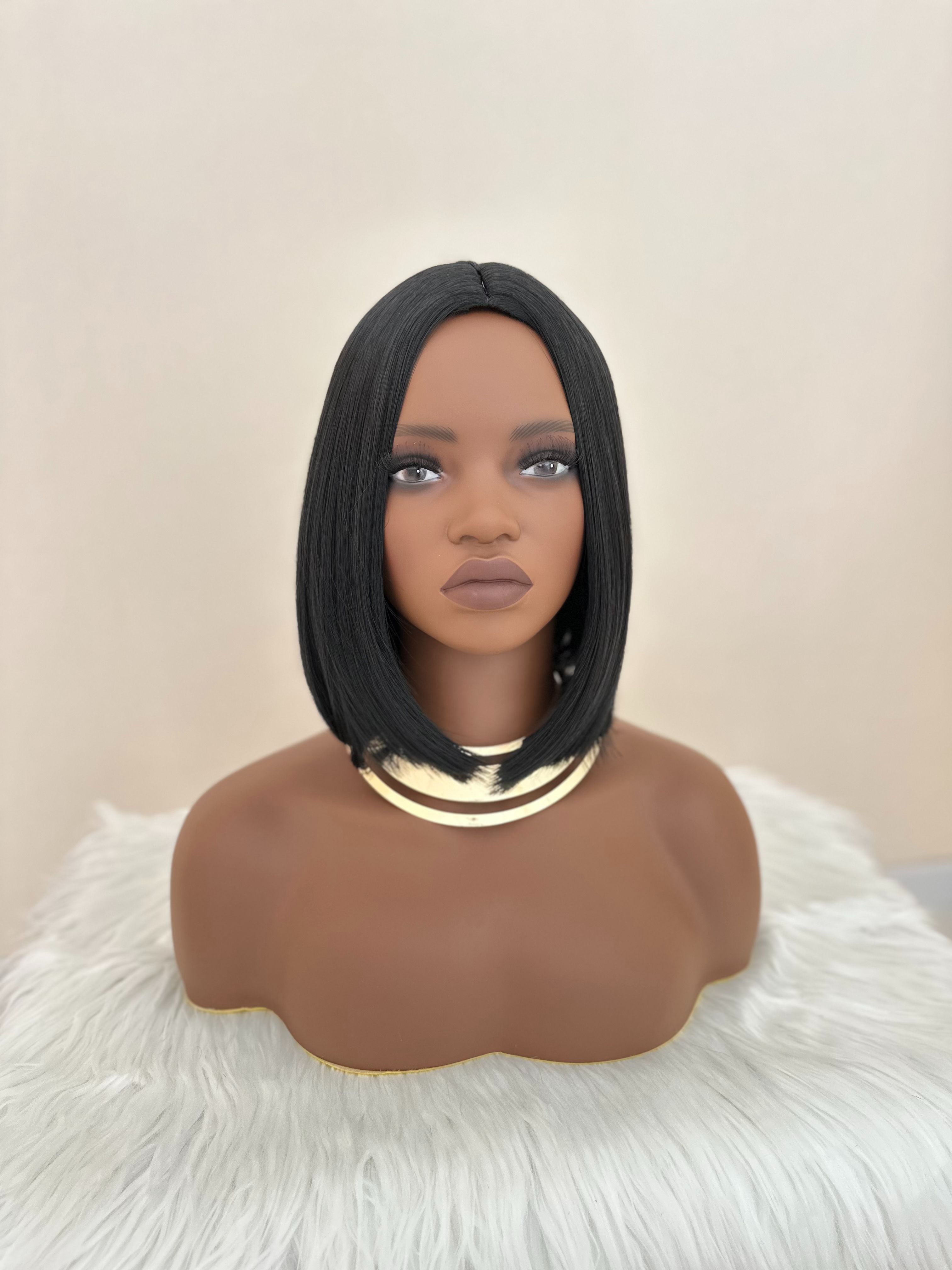 Synthetic Straight Bob Wigs - 12 Inch | 180% Density Natural Look(1B Black, African American, Gift)