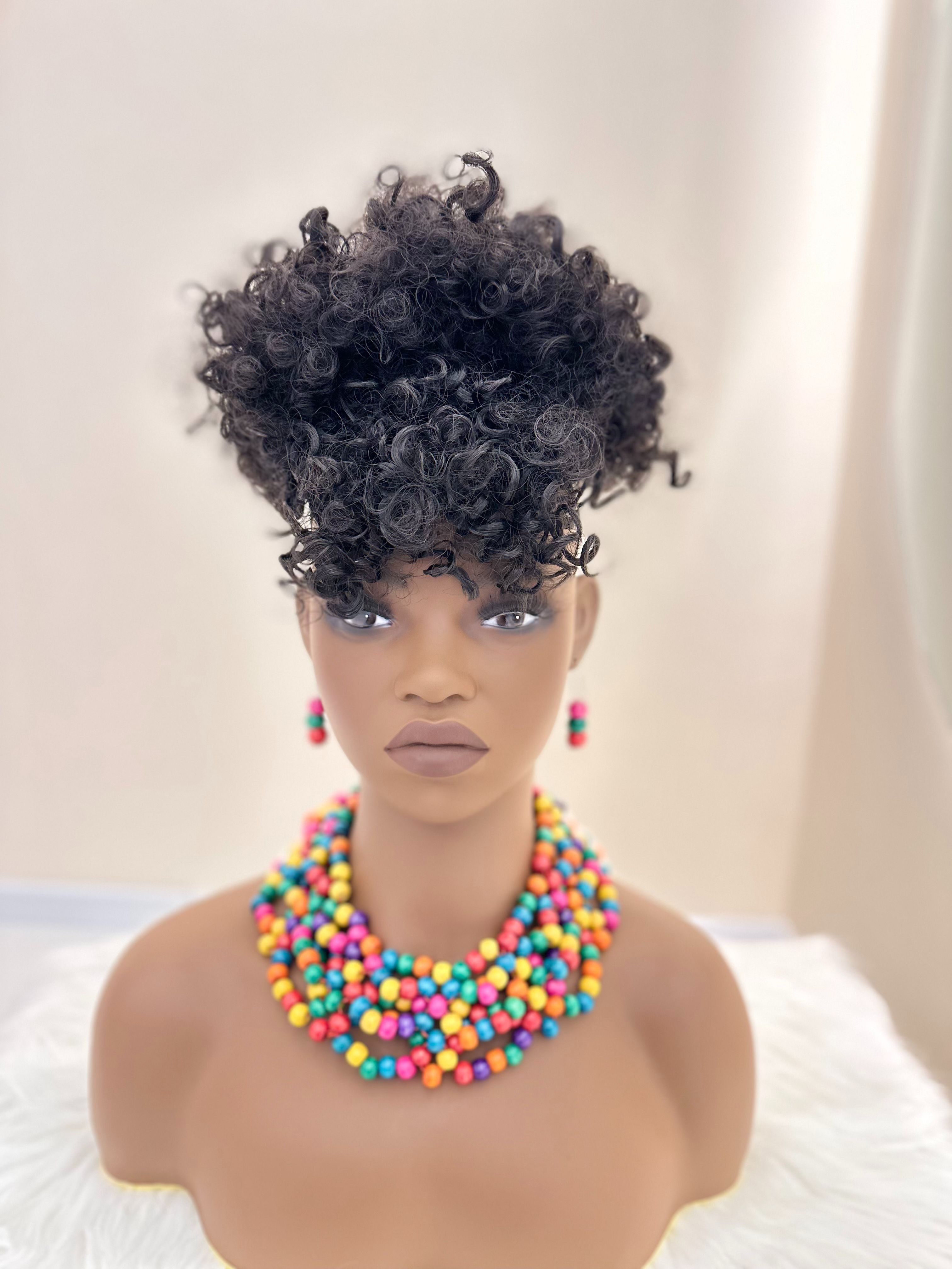 Synthetic Kinky Curly Hair Extensions - 6 Inch High Puff Ponytail with Bangs | Adjustable Drawstring for African Women(Christmas Gift, Color:1B,1B/30,1B/BUG)