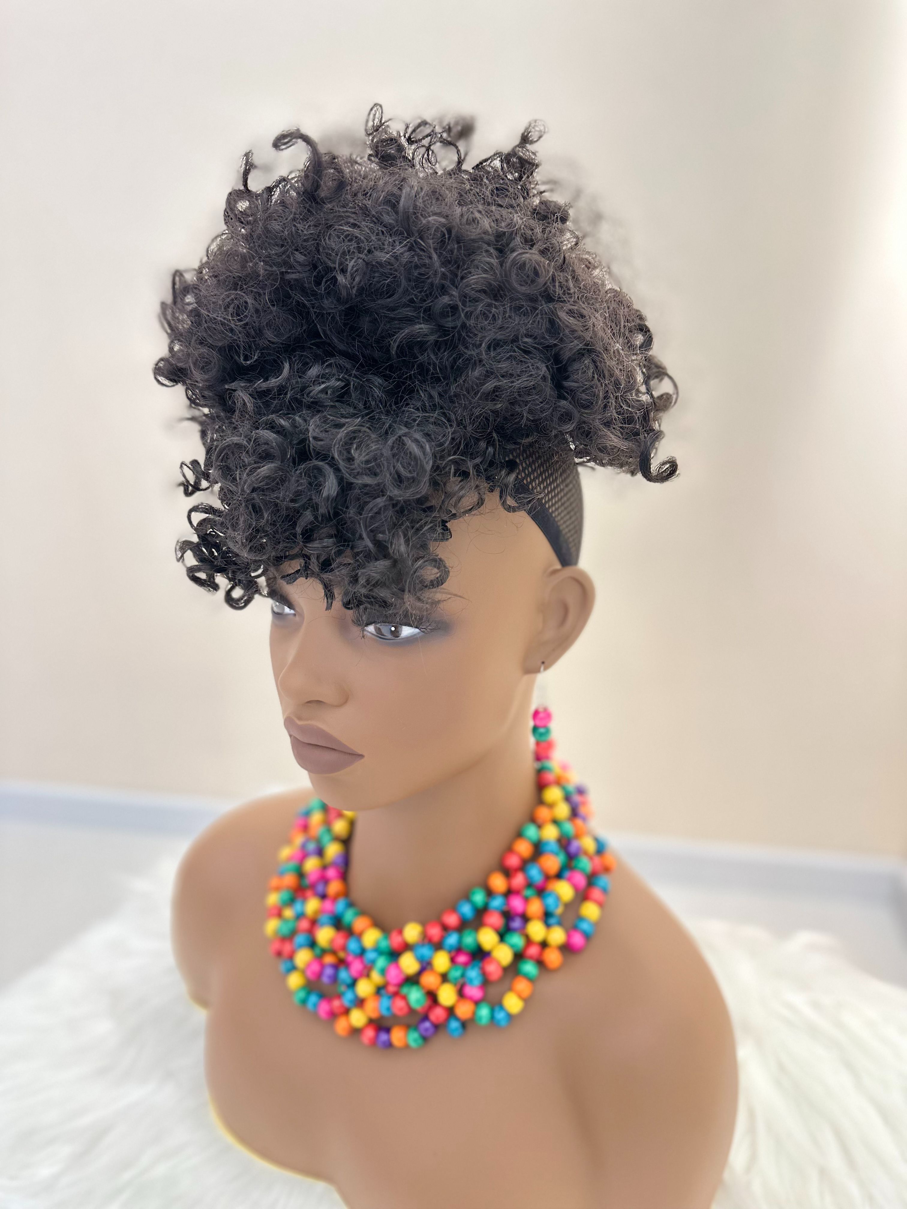 Synthetic Kinky Curly Hair Extensions - 6 Inch High Puff Ponytail with Bangs | Adjustable Drawstring for African Women(Christmas Gift, Color:1B,1B/30,1B/BUG)