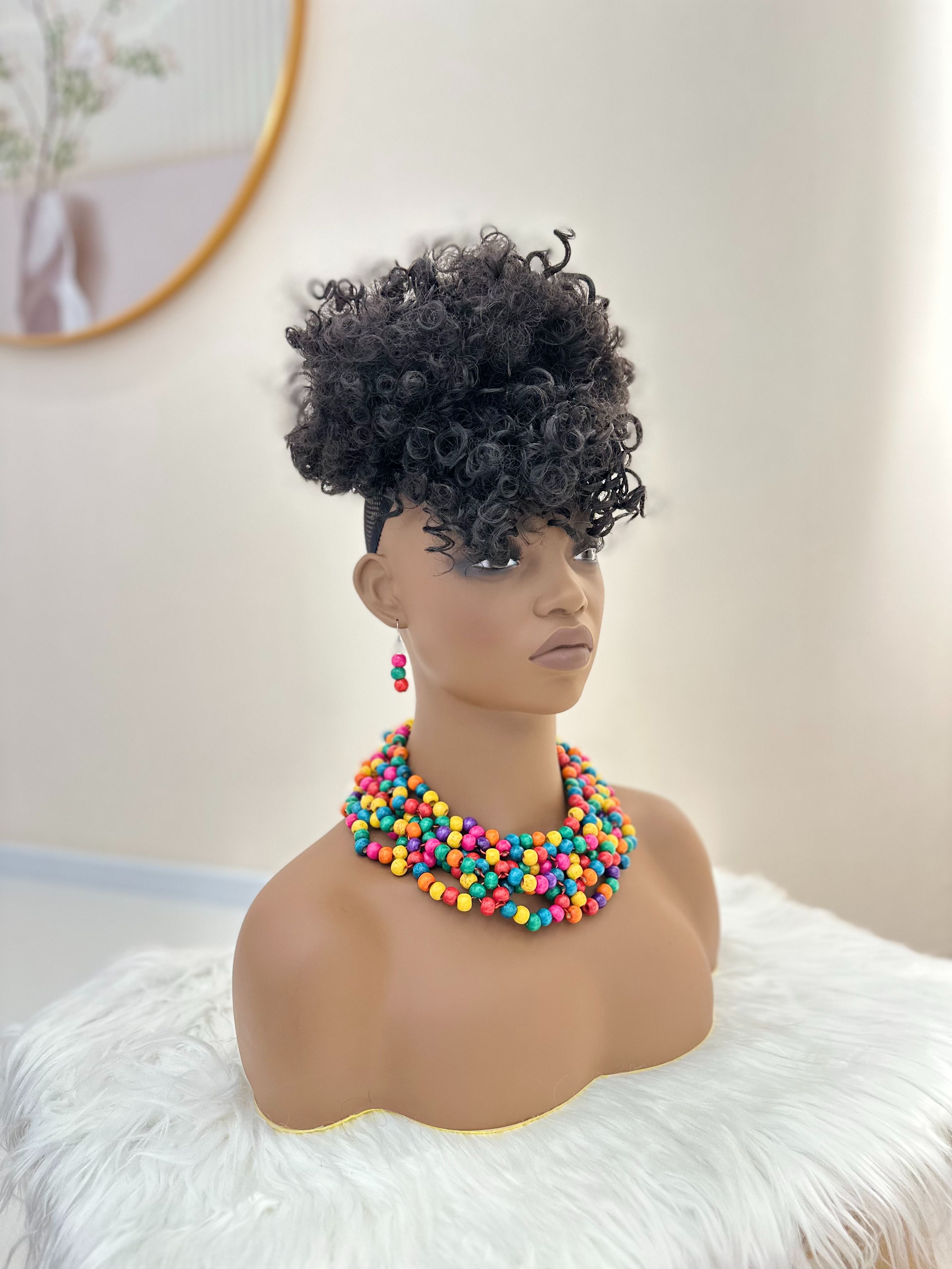 Synthetic Kinky Curly Hair Extensions - 6 Inch High Puff Ponytail with Bangs | Adjustable Drawstring for African Women(Christmas Gift, Color:1B,1B/30,1B/BUG)