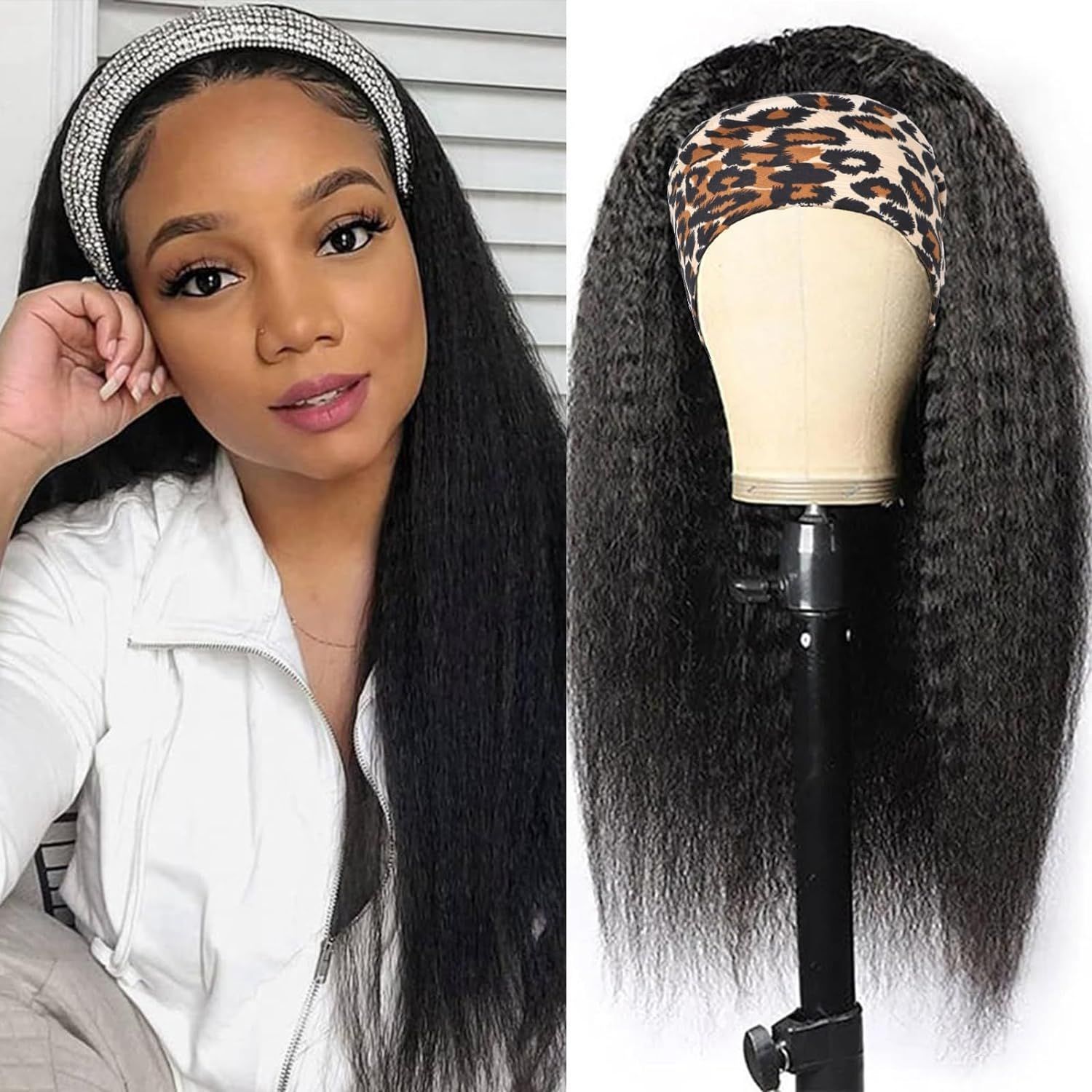 Synthetic Yaki Kinky Straight Wigs - 26 Inch 1B Black | Adjustable Headband & Natural Look(African Women, Protective Style, Quick Install, Realis,Birthday Gift)