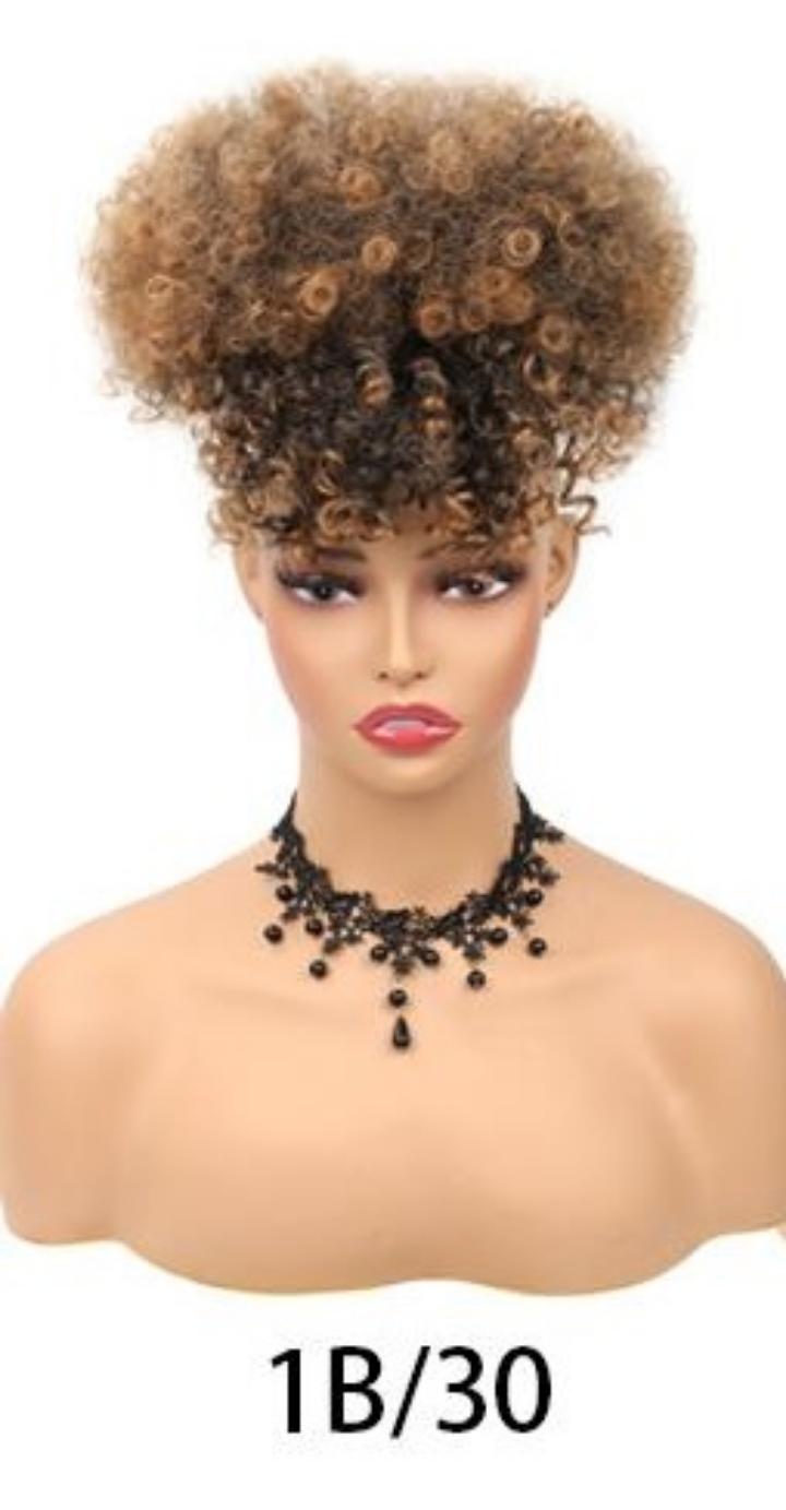 Synthetic Kinky Curly Hair Extensions - 6 Inch High Puff Ponytail with Bangs | Adjustable Drawstring for African Women(Christmas Gift, Color:1B,1B/30,1B/BUG)