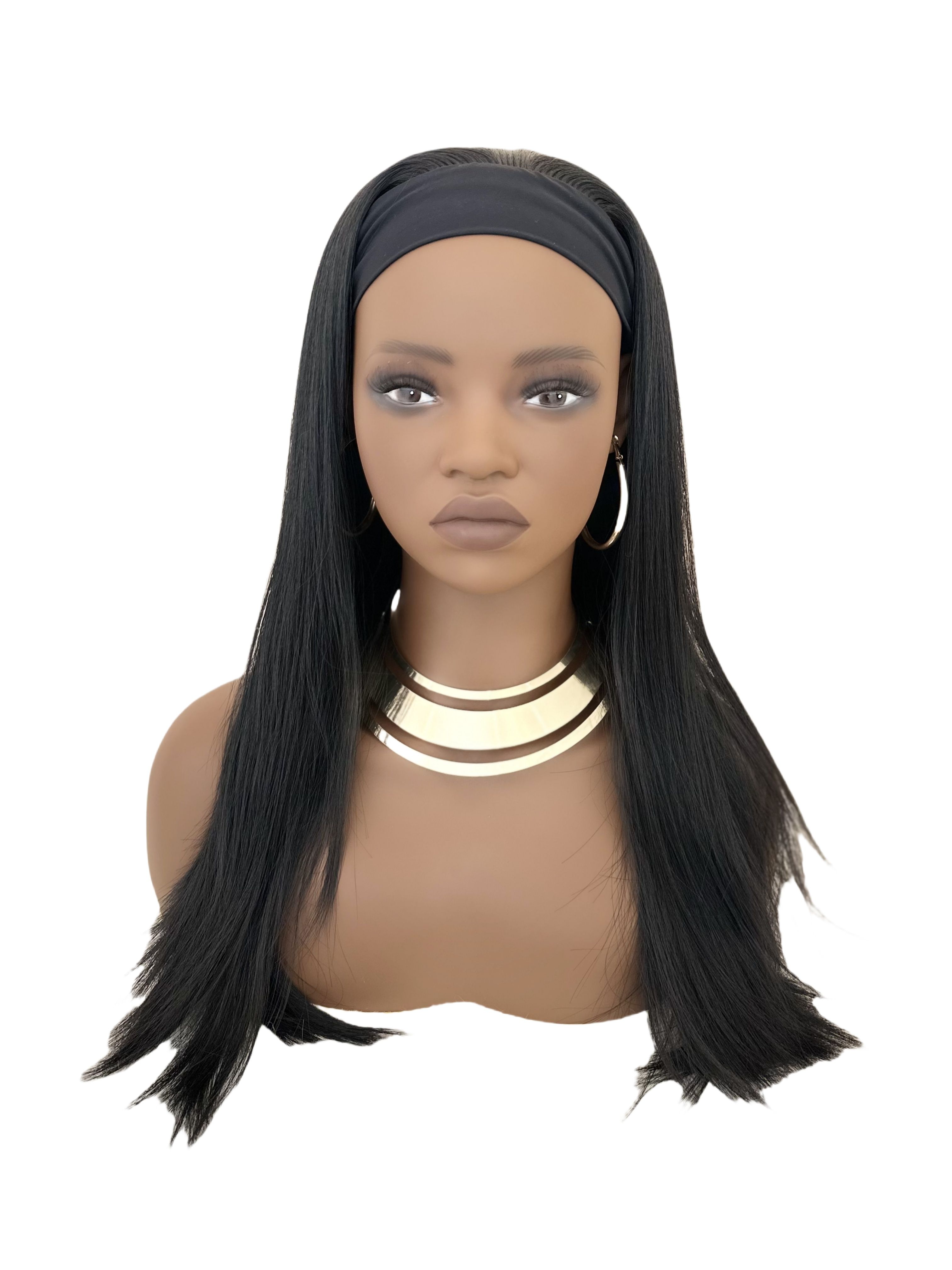 FBK_Fashion Ladies hair 24 inch Black Color Long Straight Synthetic Wigs with headband for Women Gift Black,24 inch