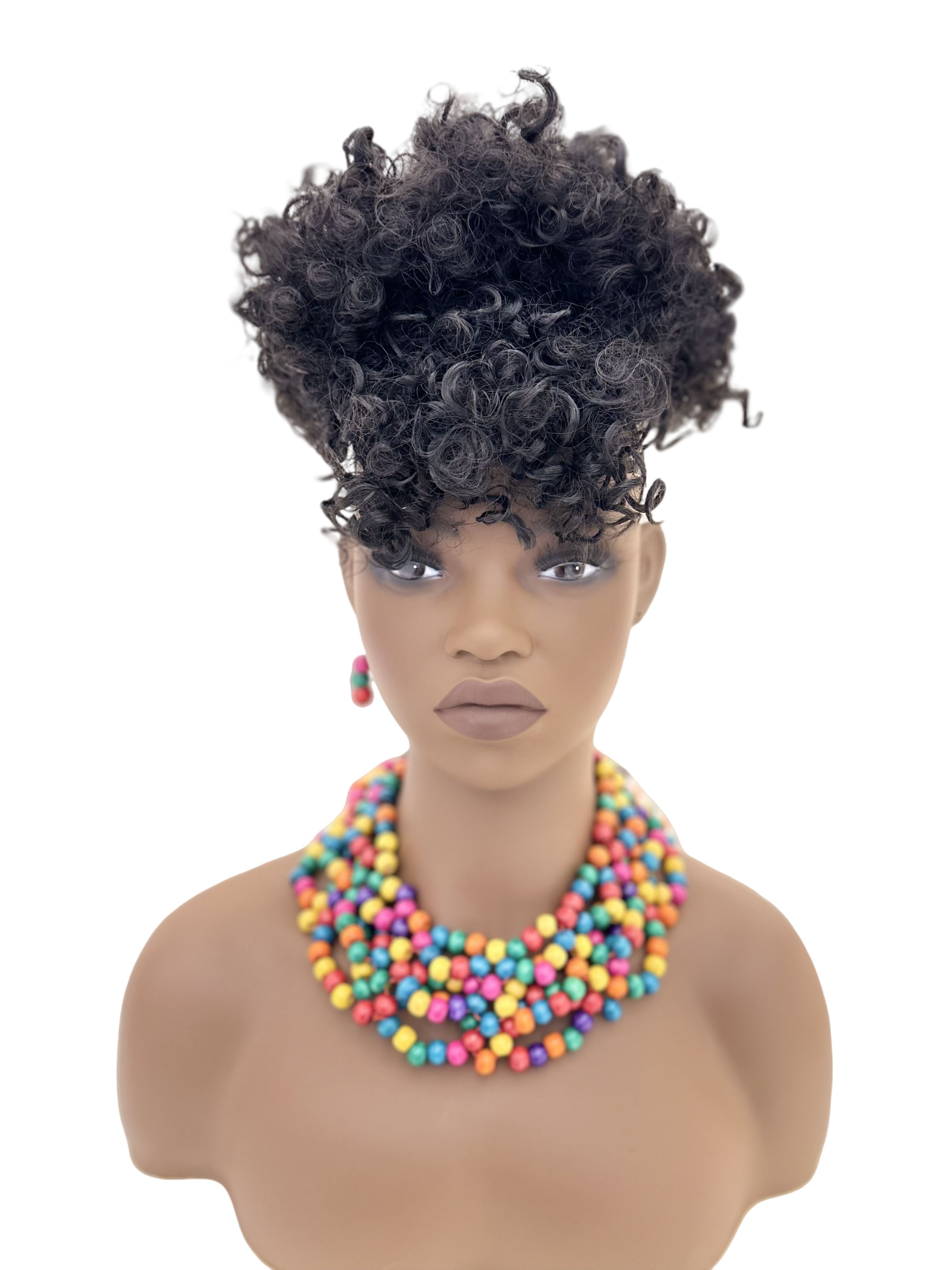Synthetic Kinky Curly Hair Extensions - 6 Inch High Puff Ponytail with Bangs | Adjustable Drawstring for African Women(Christmas Gift, Color:1B,1B/30,1B/BUG)