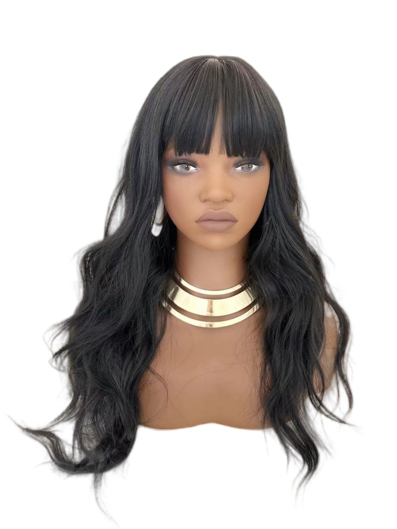 Synthetic Body Wave Wigs - 26 Inch 1B Black | Blunt Bangs & Natural Curls (African Women, Quick Install, Birthday Gift)