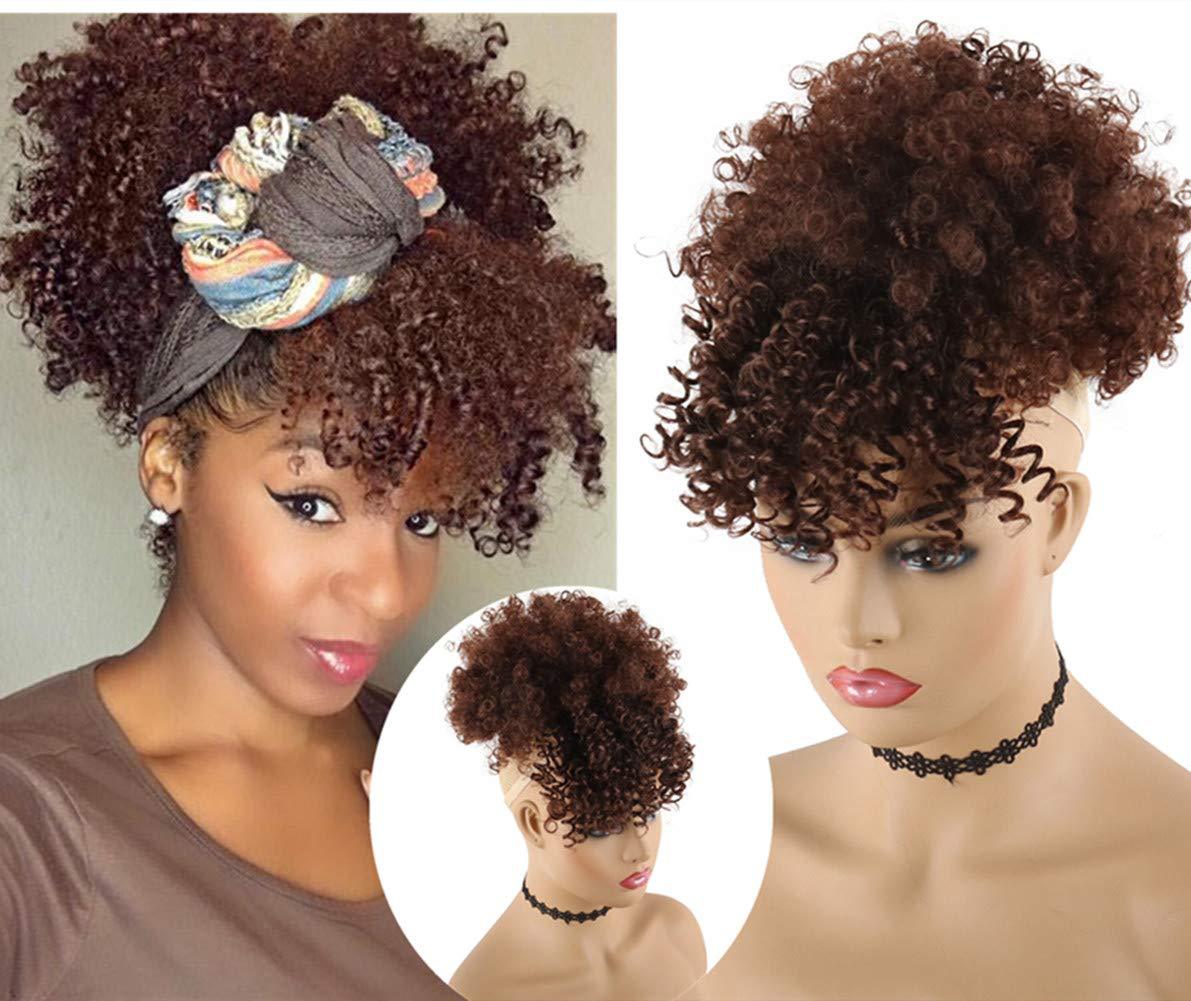 Synthetic Kinky Curly Hair Extensions - 6 Inch High Puff Ponytail with Bangs | Adjustable Drawstring for African Women(Christmas Gift, Color:1B,1B/30,1B/BUG)