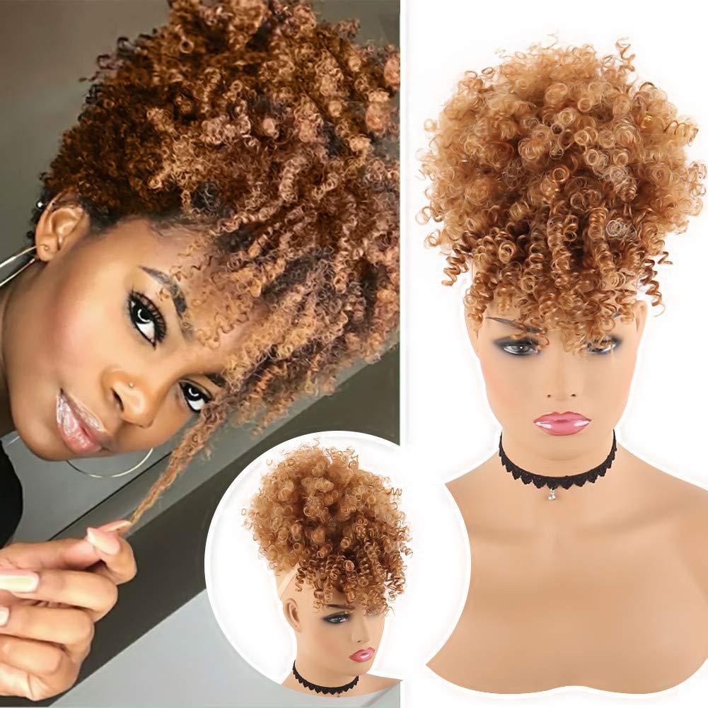 Synthetic Kinky Curly Hair Extensions - 6 Inch High Puff Ponytail with Bangs | Adjustable Drawstring for African Women(Christmas Gift, Color:1B,1B/30,1B/BUG)