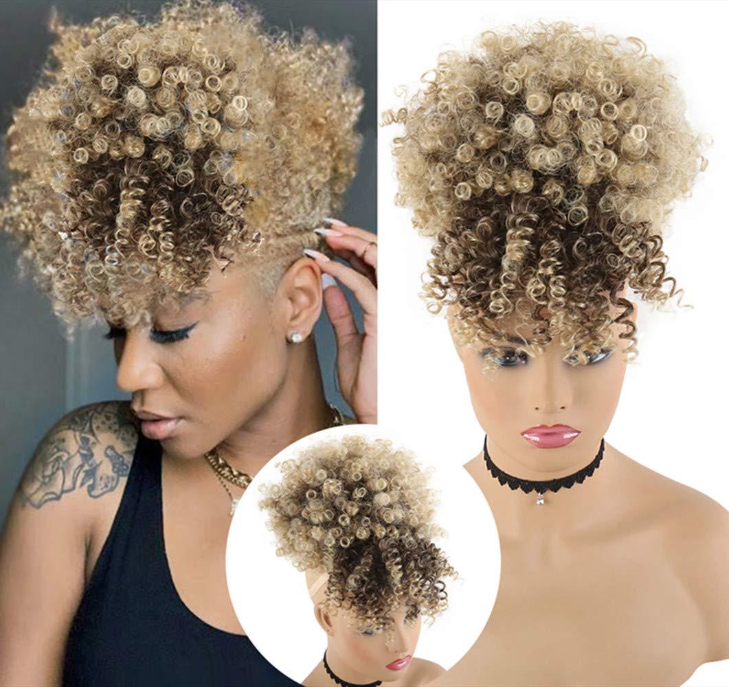 Synthetic Kinky Curly Hair Extensions - 6 Inch High Puff Ponytail with Bangs | Adjustable Drawstring for African Women(Christmas Gift, Color:1B,1B/30,1B/BUG)
