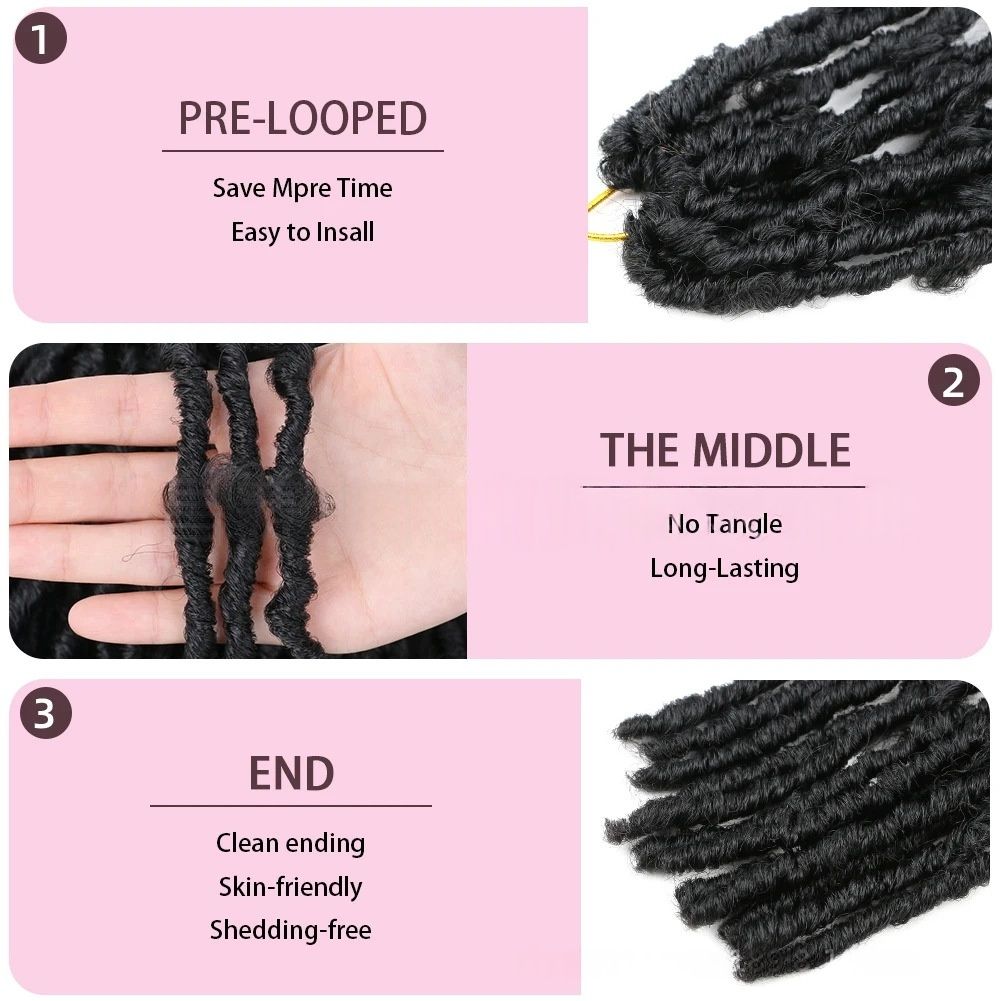 Synthetic Fiber 100% Handmade Pre-Looped Crochet Braids | Tangle-Free & Quick-Install Butterfly Curl Dreadlocks (1B, 8 Inch, 12 strands, Skin-Friendly, Daily/Stage Use)