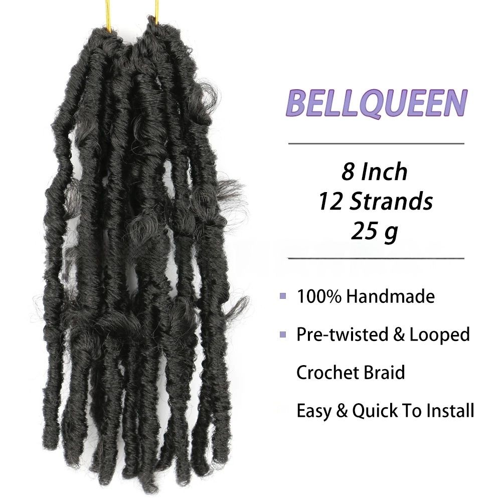 Synthetic Fiber 100% Handmade Pre-Looped Crochet Braids | Tangle-Free & Quick-Install Butterfly Curl Dreadlocks (1B, 8 Inch, 12 strands, Skin-Friendly, Daily/Stage Use)