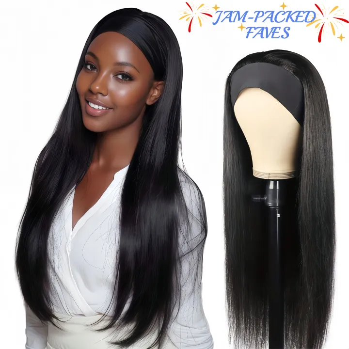 Synthetic Long Straight Synthetic Wigs with headband - 24 Inch Black | Natural Look Soft and shiny (African Women, Quick Install, Birthday Gift,Lightweight)