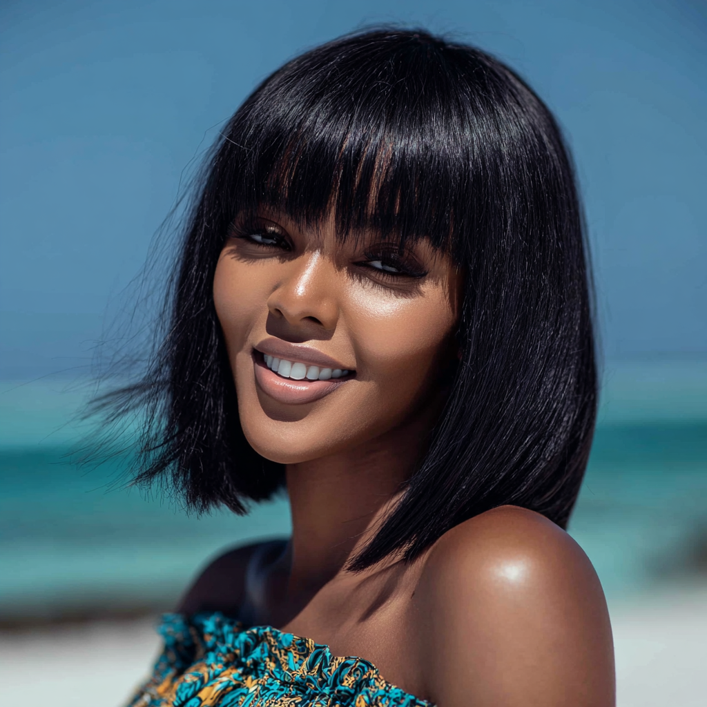 8*10 HD Lace Human Hair Bob Wigs - 12 Inch 150% Density | Ice Silk Base for African Heat (Natural Black, Pre-Cut Bangs, 3D Volumizing Crown, Adjustable Size, Gift)