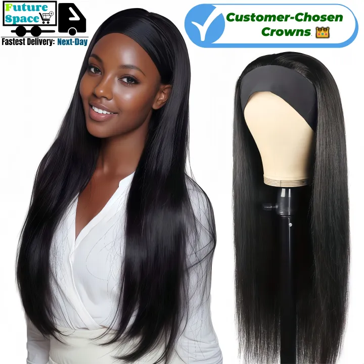 Synthetic Long Straight Synthetic Wigs with headband - 24 Inch Black | Natural Look Soft and shiny (African Women, Quick Install, Birthday Gift,Lightweight)
