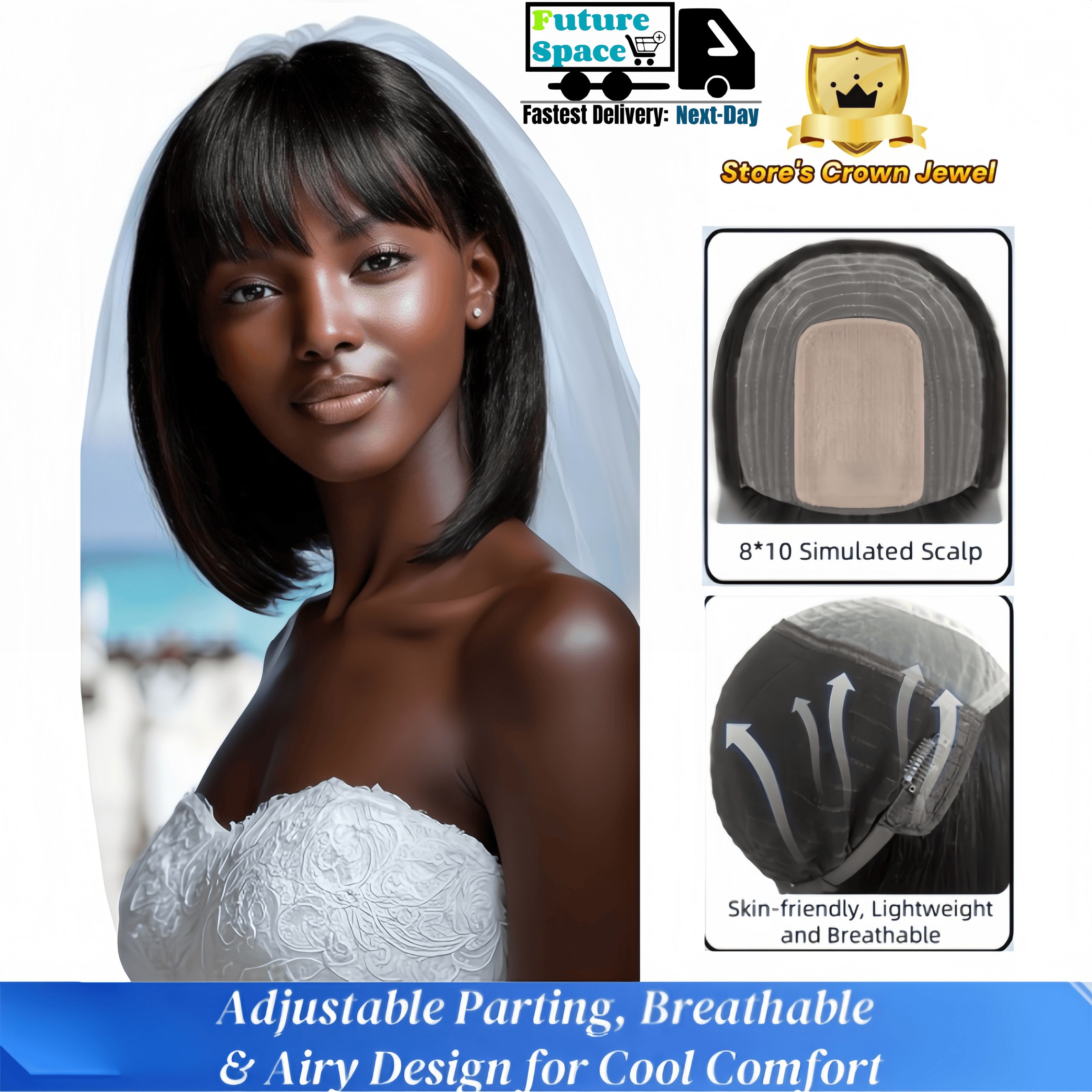 8*10 HD Lace Human Hair Bob Wigs - 12 Inch 150% Density | Ice Silk Base for African Heat (Natural Black, Pre-Cut Bangs, 3D Volumizing Crown, Adjustable Size, Gift)