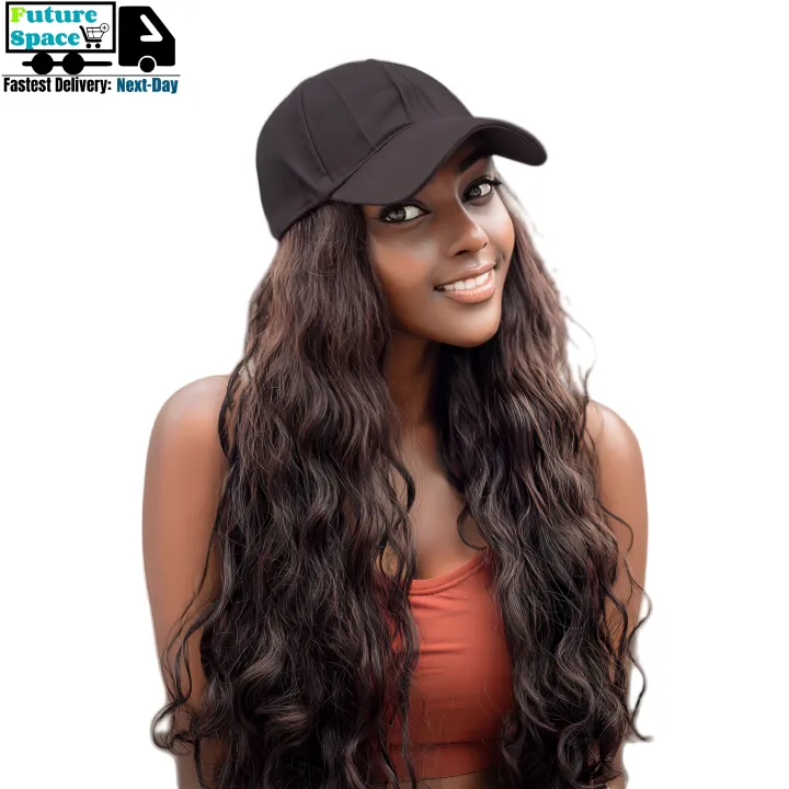 Synthetic Fiber Baseball Cap Curly Hair Wig | Full Head Cover with Natural Waves (Dark Brown, 20 Inch, Breathable, Outdoor/Casual Style)