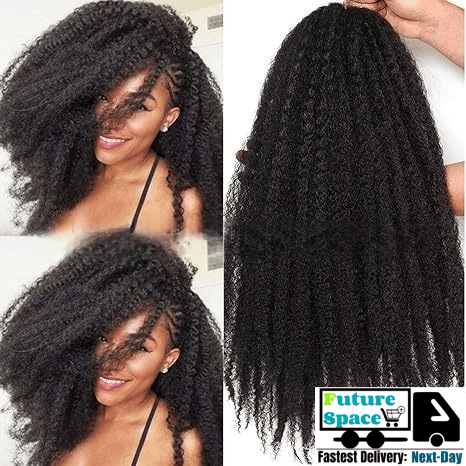 Synthetic Fiber Kinky Afro Braids for African Women | Explosive Volume Protective Twist with Caterpillar Texture (Black, 18 Inch, Quick Install, Heat Resistant)