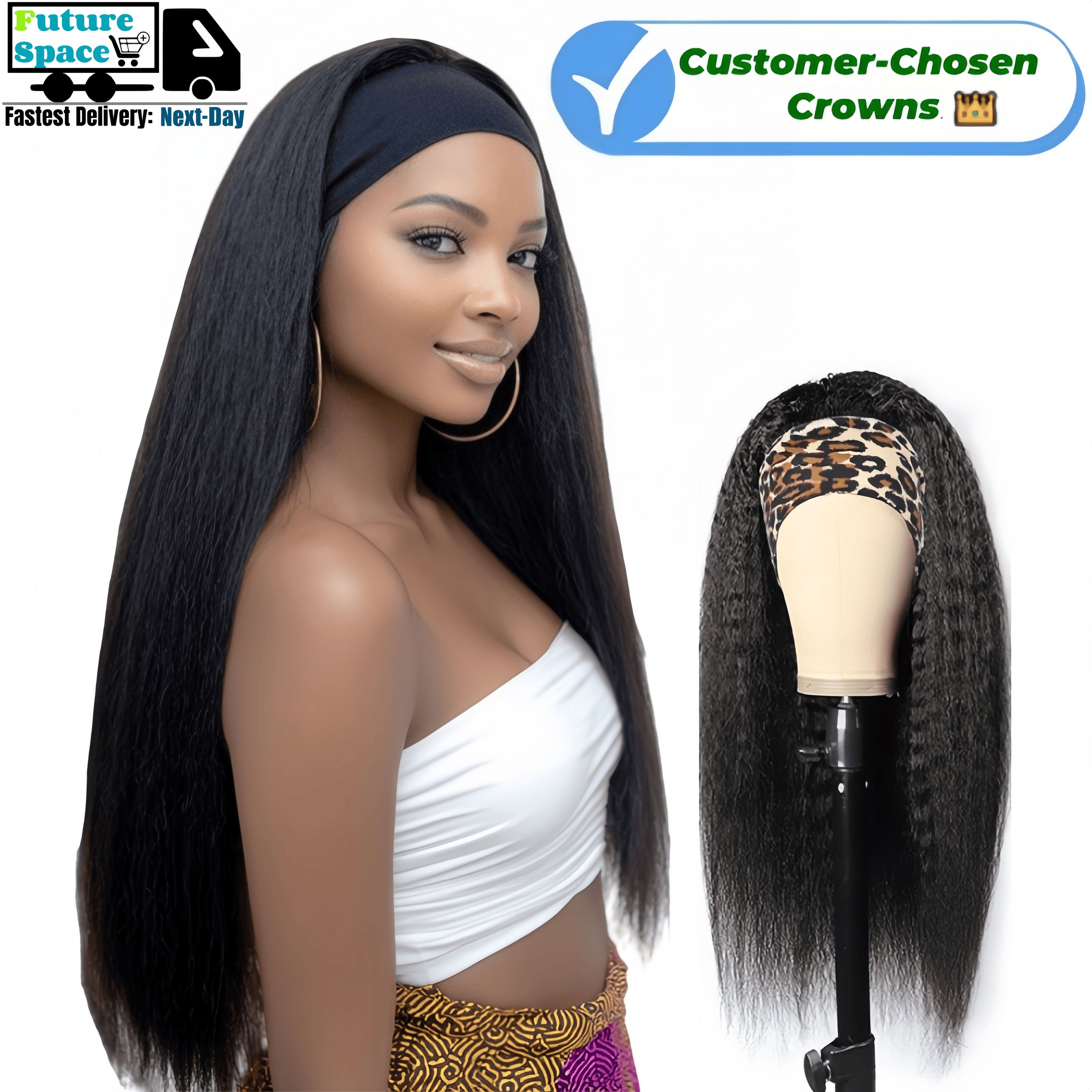 Synthetic Yaki Kinky Straight Wigs - 26 Inch 1B Black | Adjustable Headband & Natural Look(African Women, Protective Style, Quick Install, Realis,Birthday Gift)