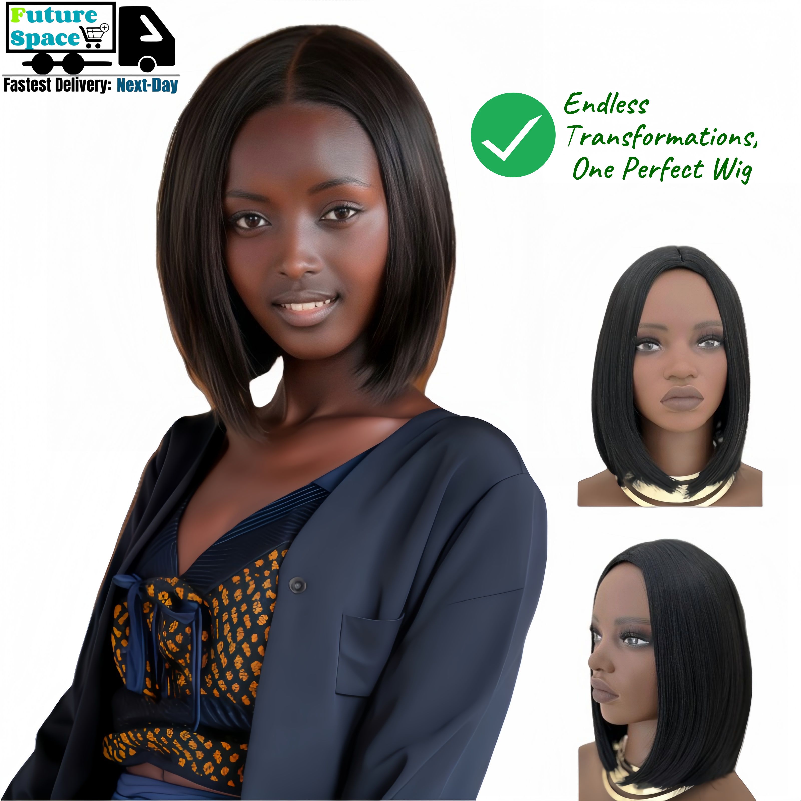 Synthetic Straight Bob Wigs - 12 Inch | 180% Density Natural Look(1B Black, Gift)