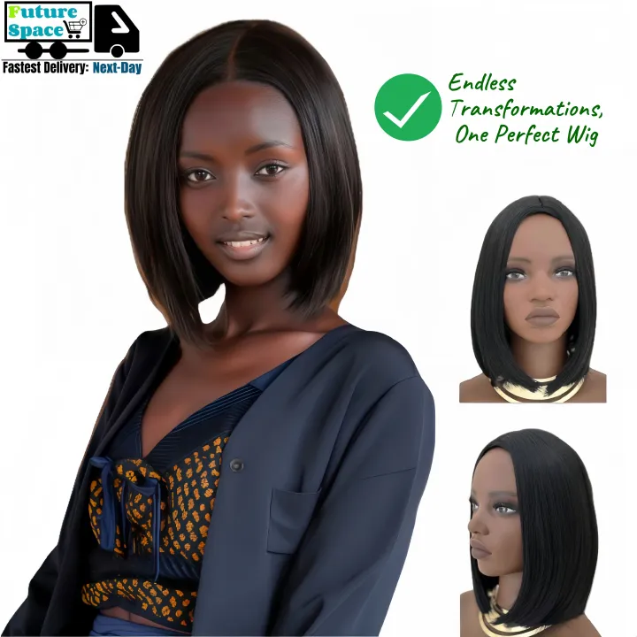 Synthetic Straight Bob Wigs - 12 Inch | 180% Density Natural Look(1B Black, Gift)