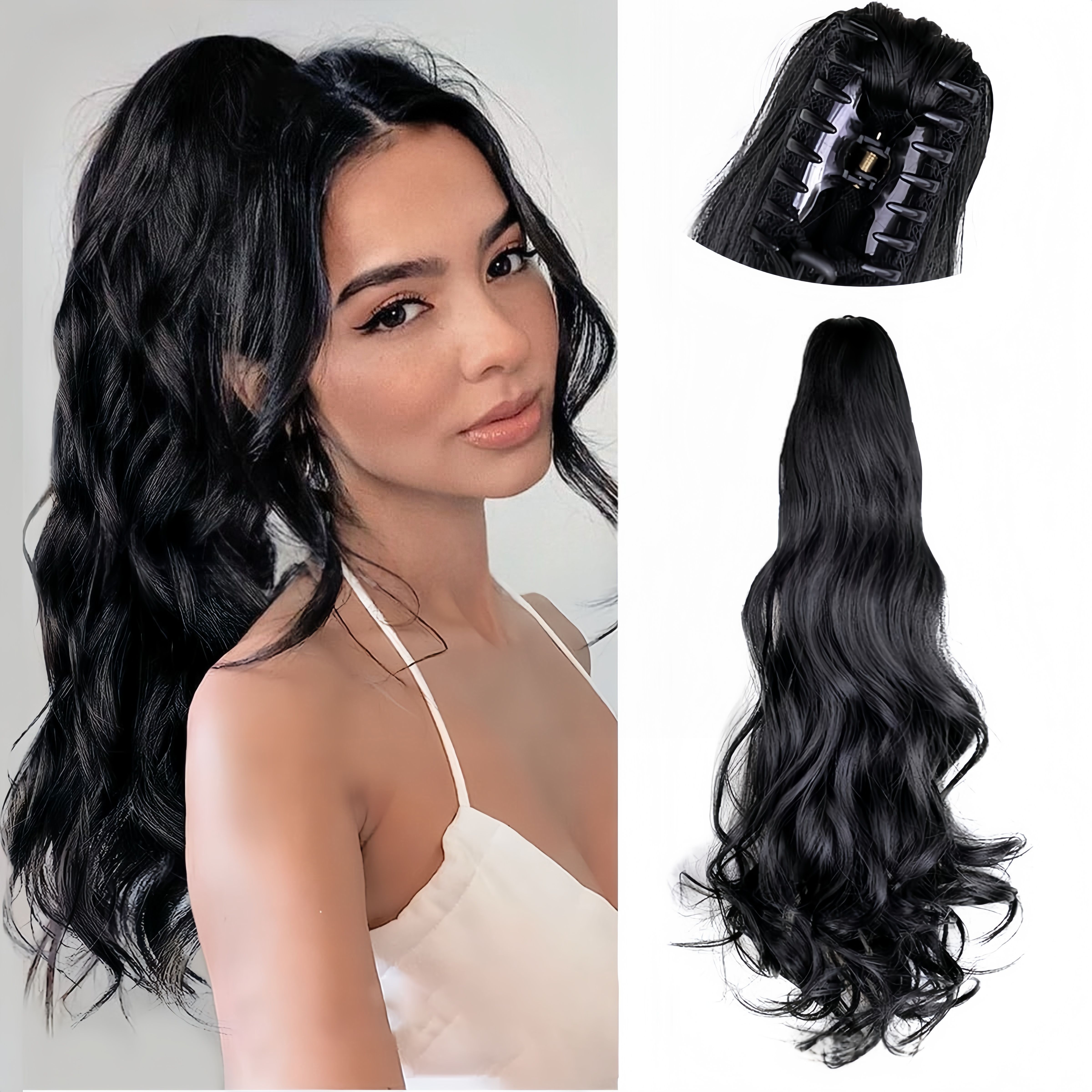 Synthetic Large Wavy hair extensions Clips | Fluffy Loose Curl Synthetic Clips for Ponytail (Black, 18 Inch, Clip-In, Volume Boost)