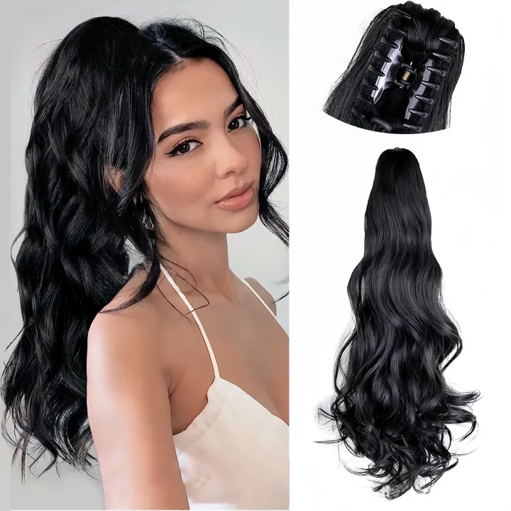 Synthetic Large Wavy hair extensions Clips | Fluffy Loose Curl Synthetic Clips for Ponytail (Black, 18 Inch, Clip-In, Volume Boost)