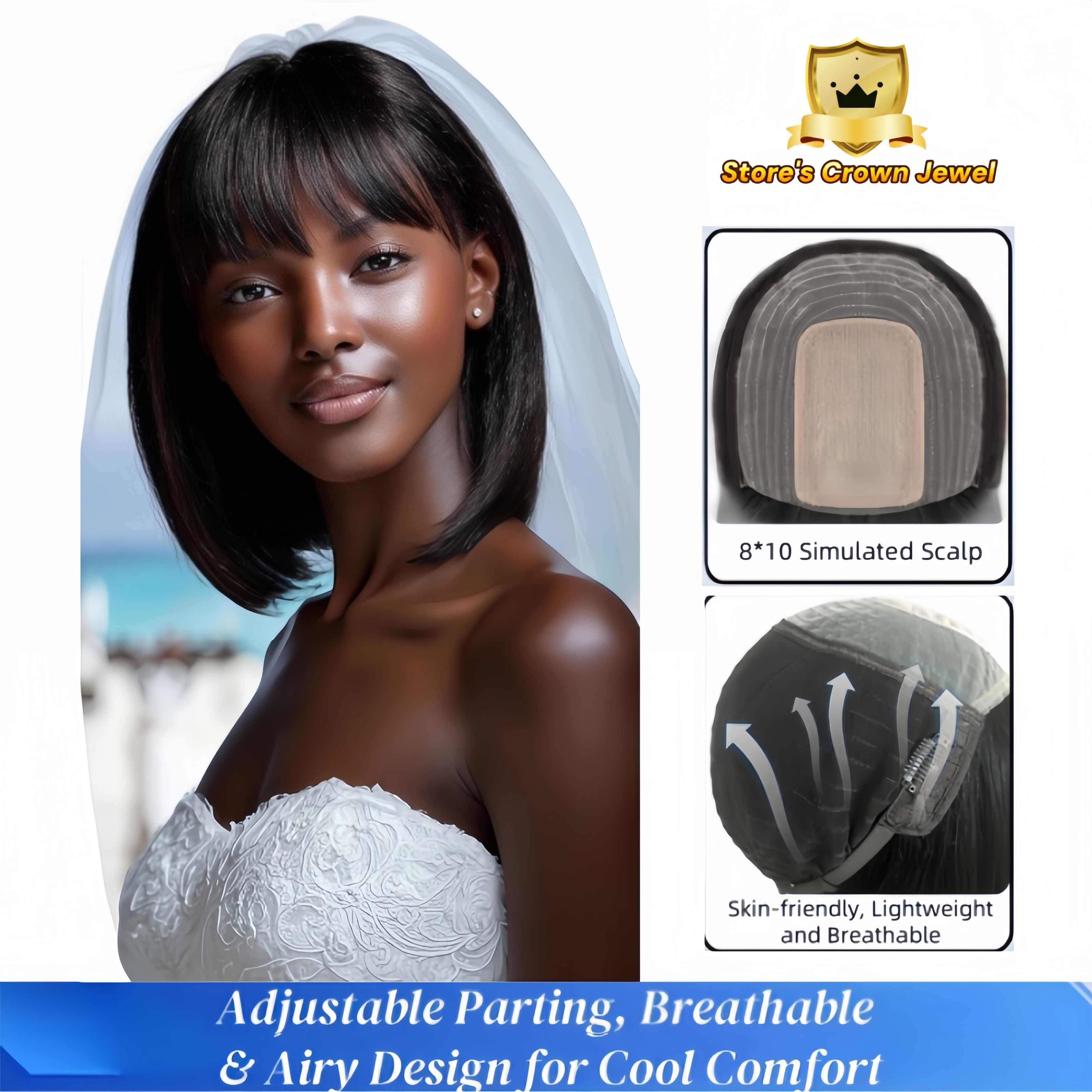 8*10 HD Lace Human Hair Bob Wigs - 12 Inch 150% Density | Ice Silk Base for African Heat (Natural Black, Pre-Cut Bangs, 3D Volumizing Crown, Adjustable Size, Gift)