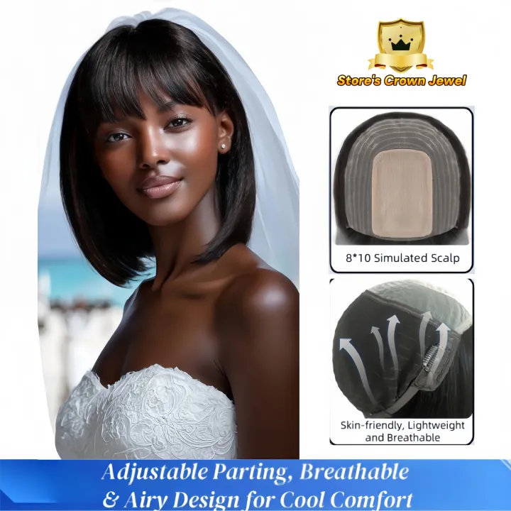 8*10 HD Lace Human Hair Bob Wigs - 12 Inch 150% Density | Ice Silk Base for African Heat (Natural Black, Pre-Cut Bangs, 3D Volumizing Crown, Adjustable Size, Gift)