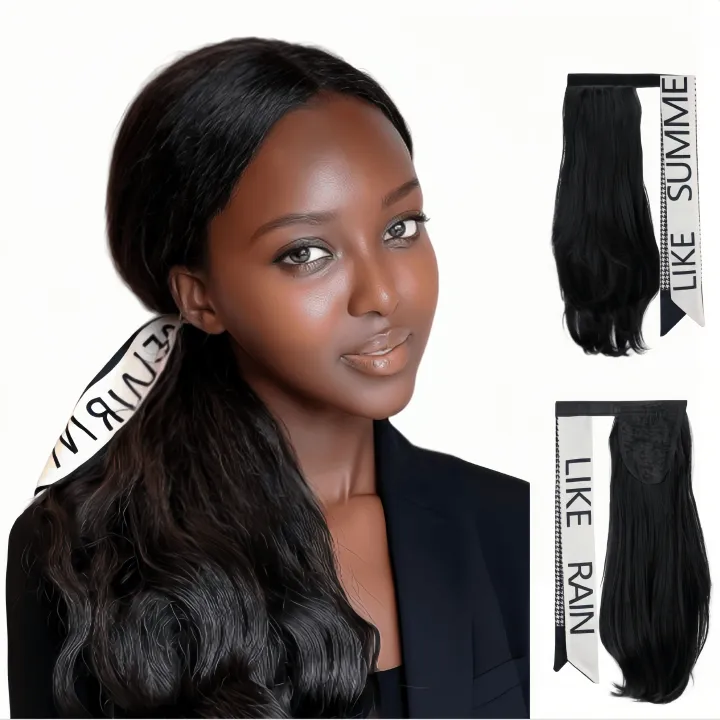 Velcro Ponytail hair extensions for Instant Volume | Long Curly Hair with Big Waves & Invisible Attachment (Black, 18 Inch, Secure Fit, Daily/Special Occasion Use)