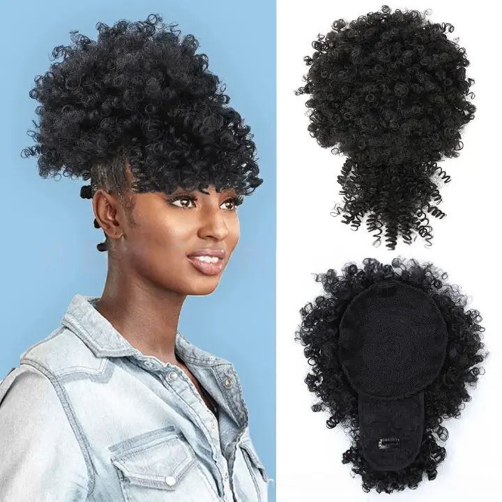 Synthetic Kinky Curly Hair Extensions - 6 Inch High Puff Ponytail with Bangs | Adjustable Drawstring for African Women(Christmas Gift, Color:1B,1B/30,1B/BUG)
