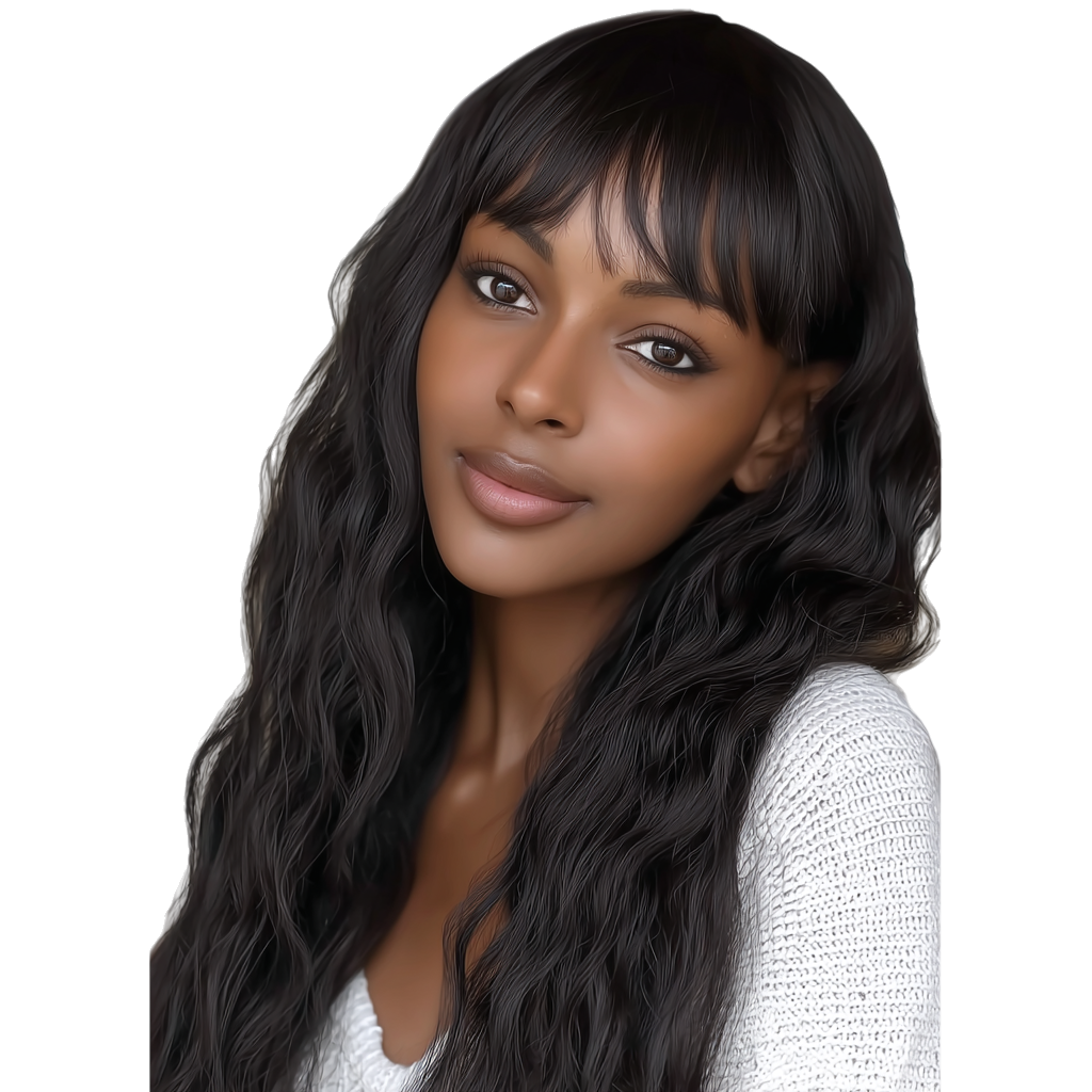 Synthetic Body Wave Wigs - 26 Inch 1B Black | Blunt Bangs & Natural Curls (African Women, Quick Install, Birthday Gift)