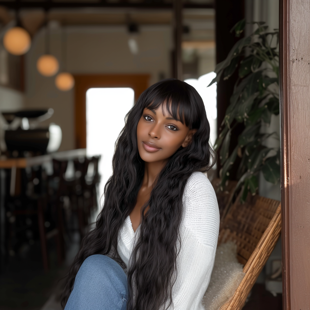 Synthetic Body Wave Wigs - 26 Inch 1B Black | Blunt Bangs & Natural Curls (African Women, Quick Install, Birthday Gift)