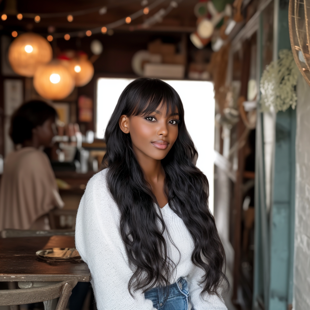 Synthetic Body Wave Wigs - 26 Inch 1B Black | Blunt Bangs & Natural Curls (African Women, Quick Install, Birthday Gift)