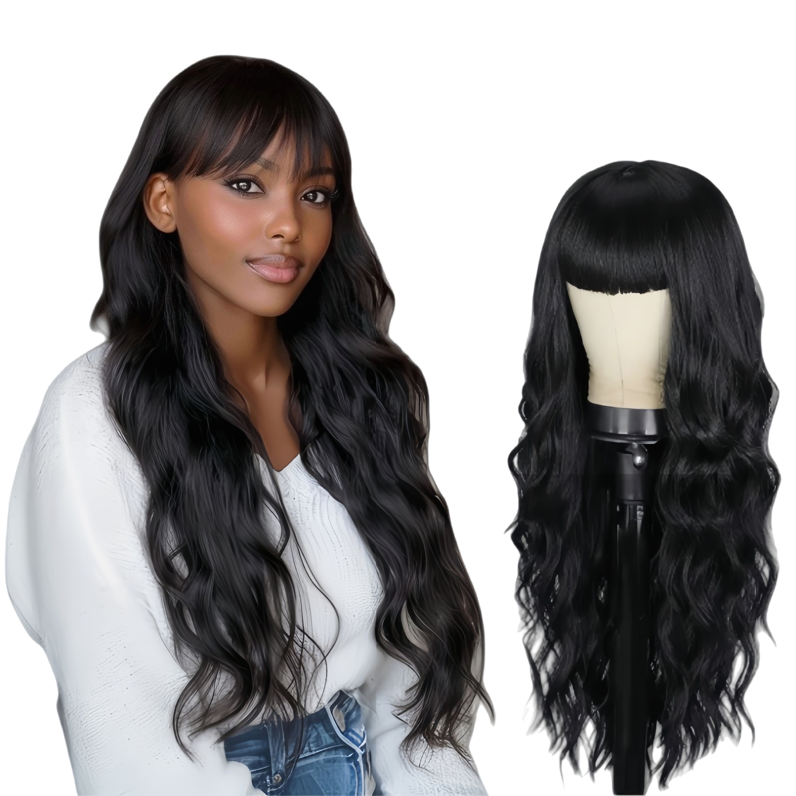 Synthetic Body Wave Wigs - 26 Inch 1B Black | Blunt Bangs & Natural Curls (African Women, Quick Install, Birthday Gift)