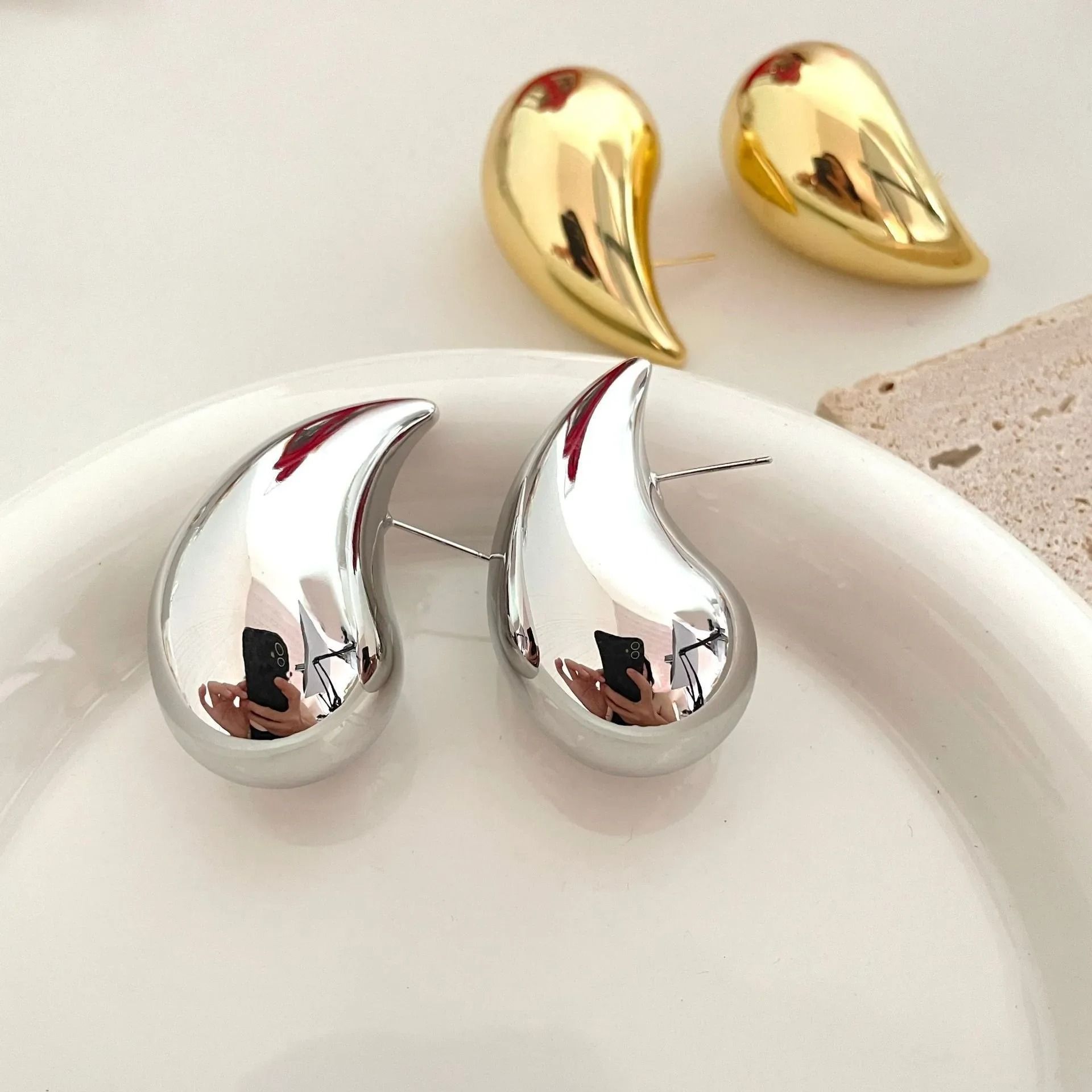 BUY ONE GET ONE FREE .WATER DROP - 18K Gold / Silver Hoop Earrings. One Gold set and one Silver set.