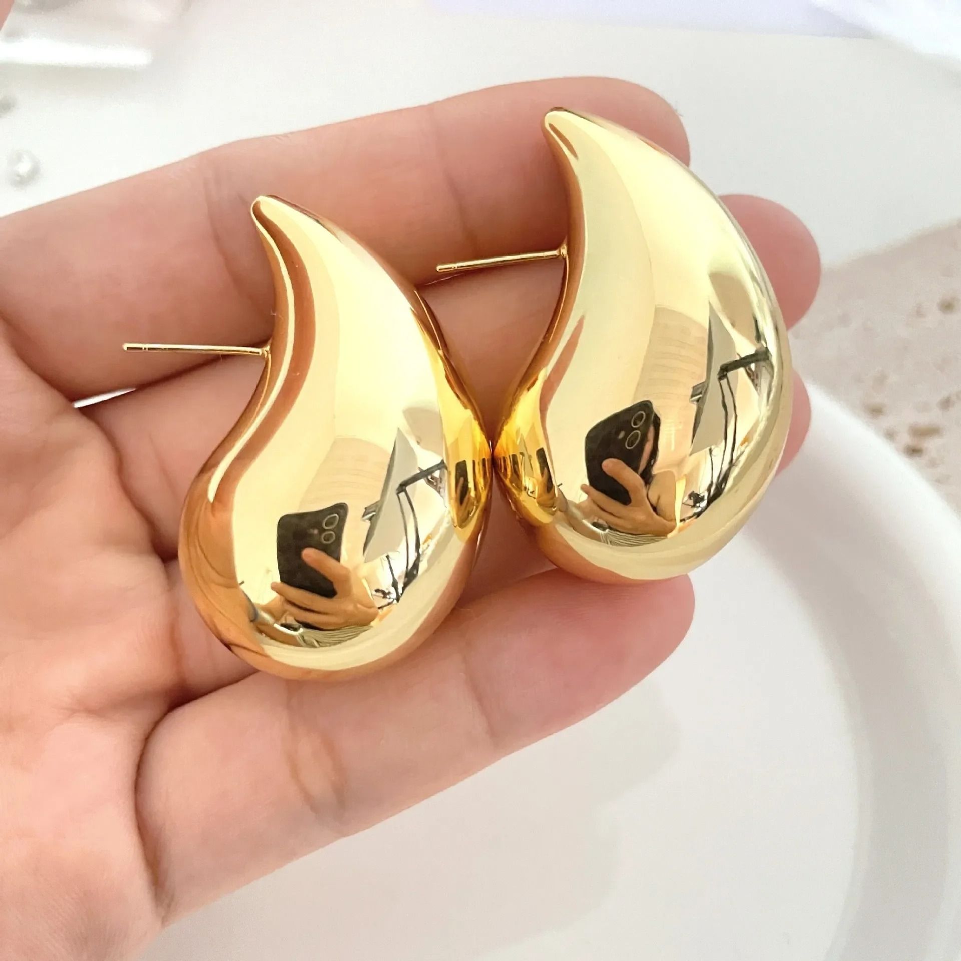 BUY ONE GET ONE FREE .WATER DROP - 18K Gold / Silver Hoop Earrings. One Gold set and one Silver set.