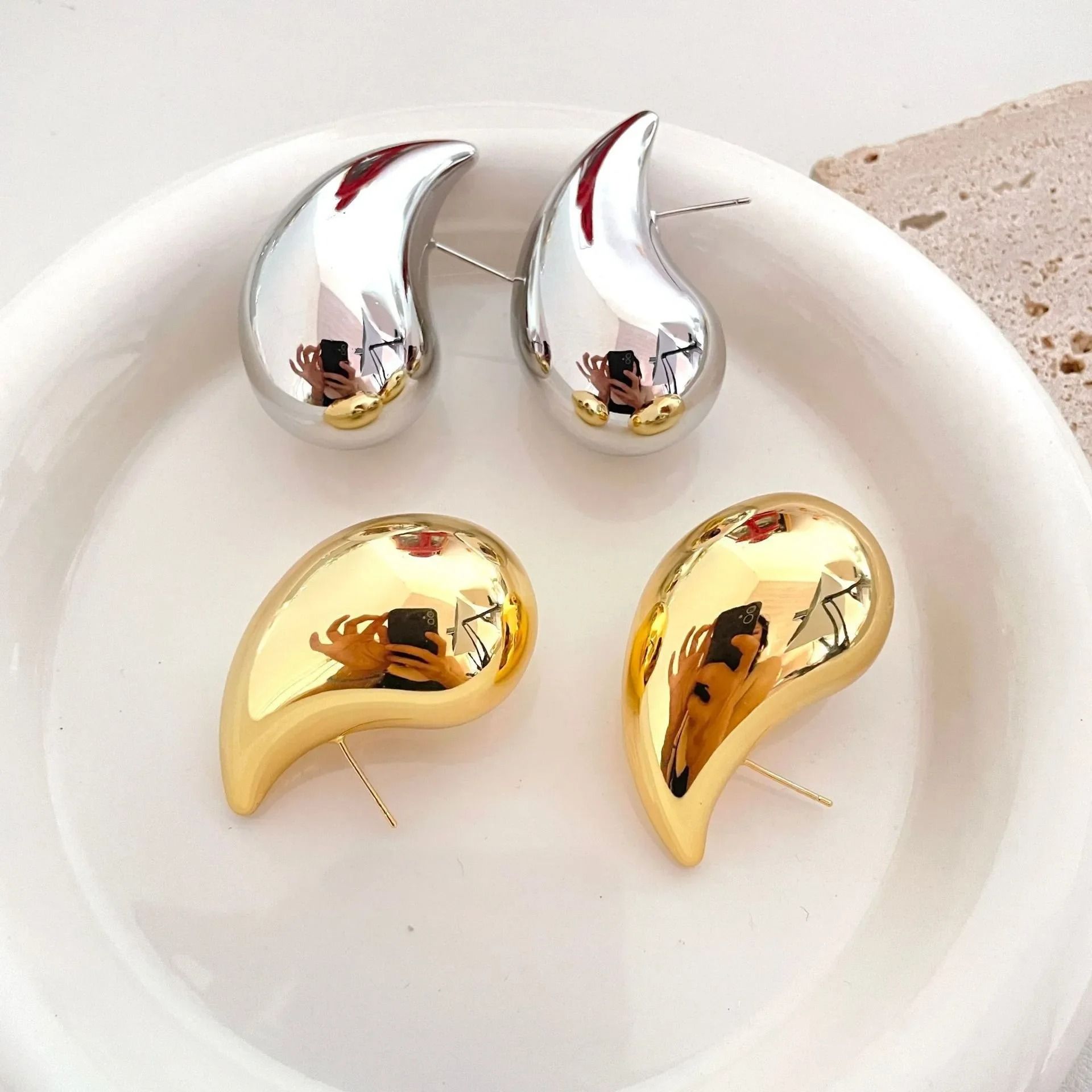BUY ONE GET ONE FREE .WATER DROP - 18K Gold / Silver Hoop Earrings. One Gold set and one Silver set.