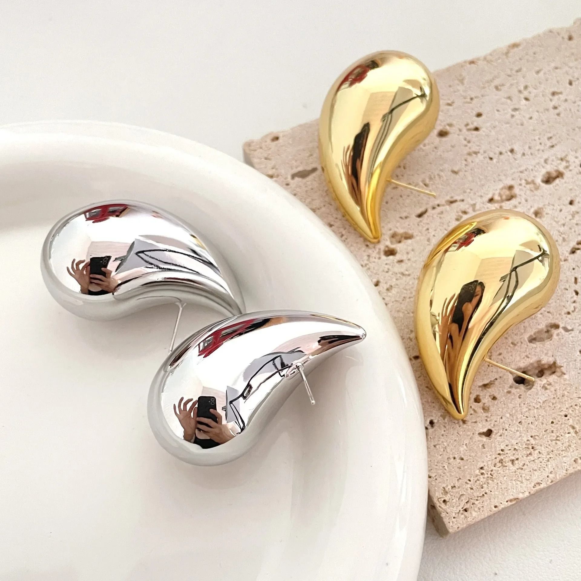 BUY ONE GET ONE FREE .WATER DROP - 18K Gold / Silver Hoop Earrings. One Gold set and one Silver set.