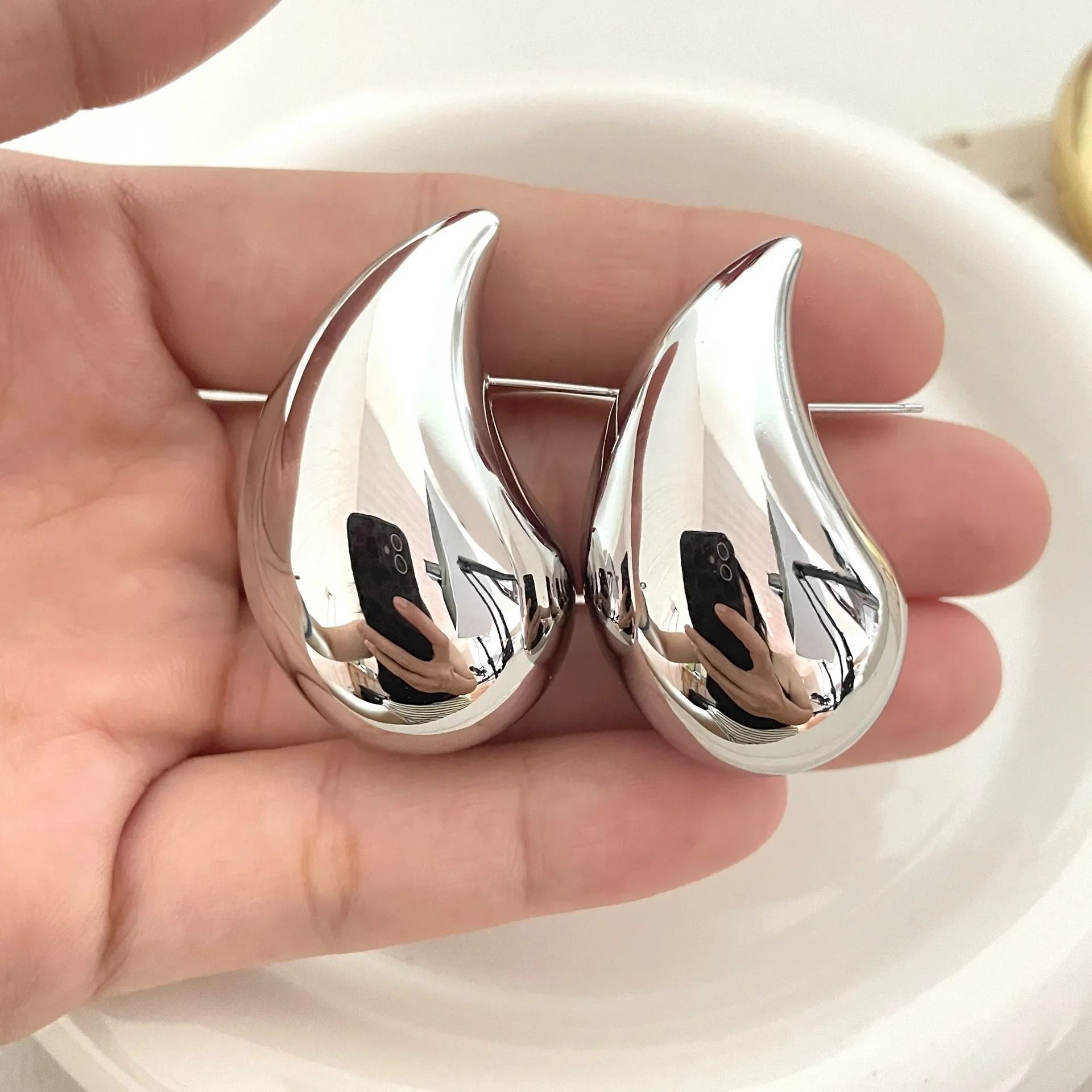 BUY ONE GET ONE FREE .WATER DROP - 18K Gold / Silver Hoop Earrings. One Gold set and one Silver set.