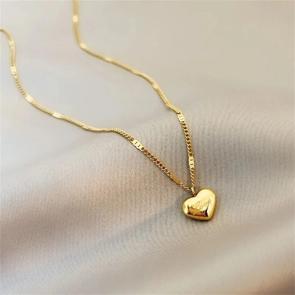 18k Gold Plated Chokers Collar Love Heart Pendant Necklaces For Women Flat Snake Chain Stainless Steel Jewelry
