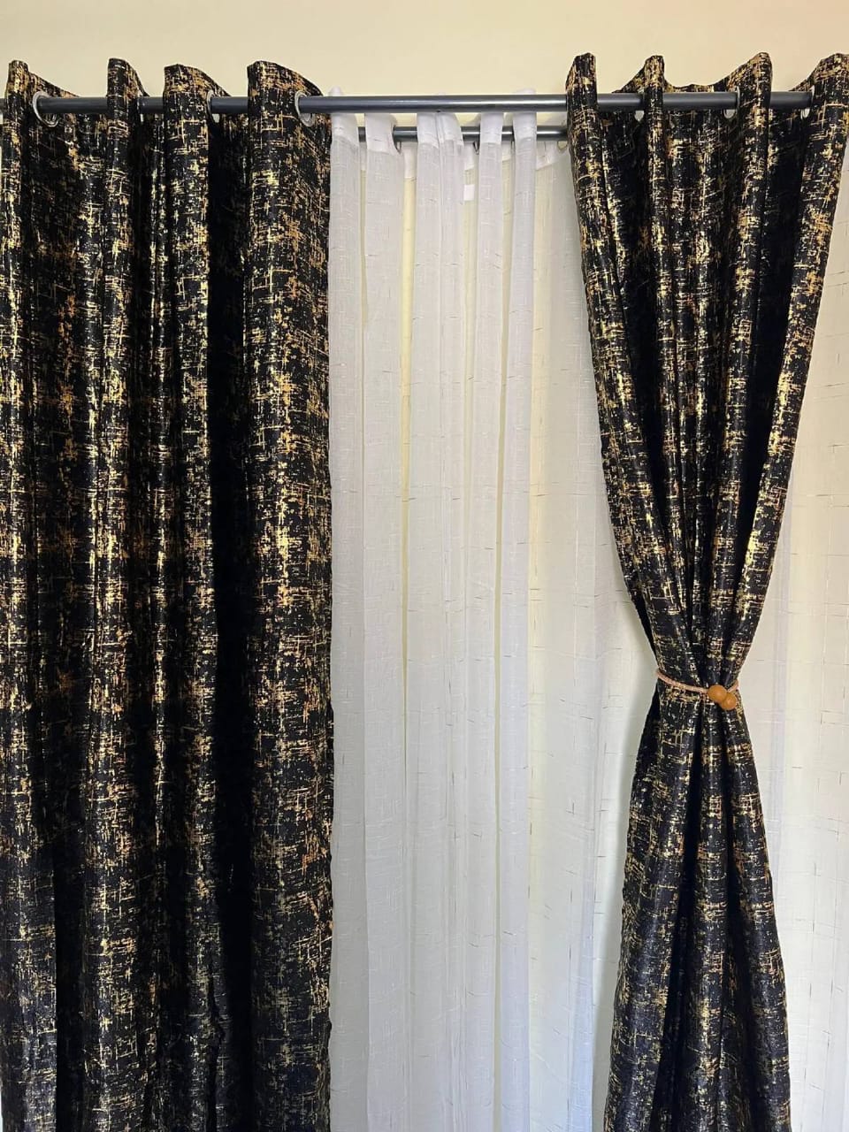 3Pcs Curtains  2 pc Curtains -1.5 M 1pc shear 3 M Luxury Marble Velvet with Gold Print  Modern Metallic Textured Window Drapes Premium Room Darkening Eyelet Curtains for Living Room & Bedroom