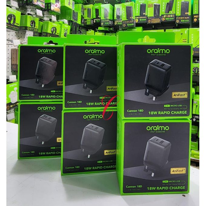 Oraimo Cannon 18D OCW-5183U – Dual Port 18W Rapid Charger With Interchangeable Cables (Micro, Type C, IPhone)Oraimo Cannon 18D OCW-5183U Dual Port 18W Rapid Wall Charger – Fast Charging For Type-C Dev