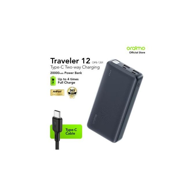 Oraimo Traveler 12 (OPB-1201) 20000mAh 12W Power Bank – Type-C Two-Way, Dual USB, LED Torch