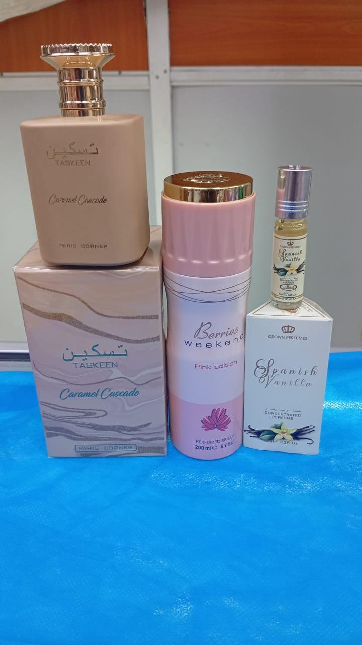 3 In 1 SPECIAL OFFER!!!! Taskeen Caramel Cascade + Berries Weekend Pink Edition Perfumed Spray + ( FREE Spanish Vanilla Perfume Oil)