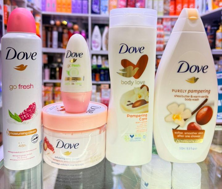 Dove 5 in 1 SELFCARE PACKAGE!!! Purely Pampering Body Wash + Pampering Lotion + Anti-sperant Deo Spray + Pomegranate Body Scrub + ( FREE Roll on )