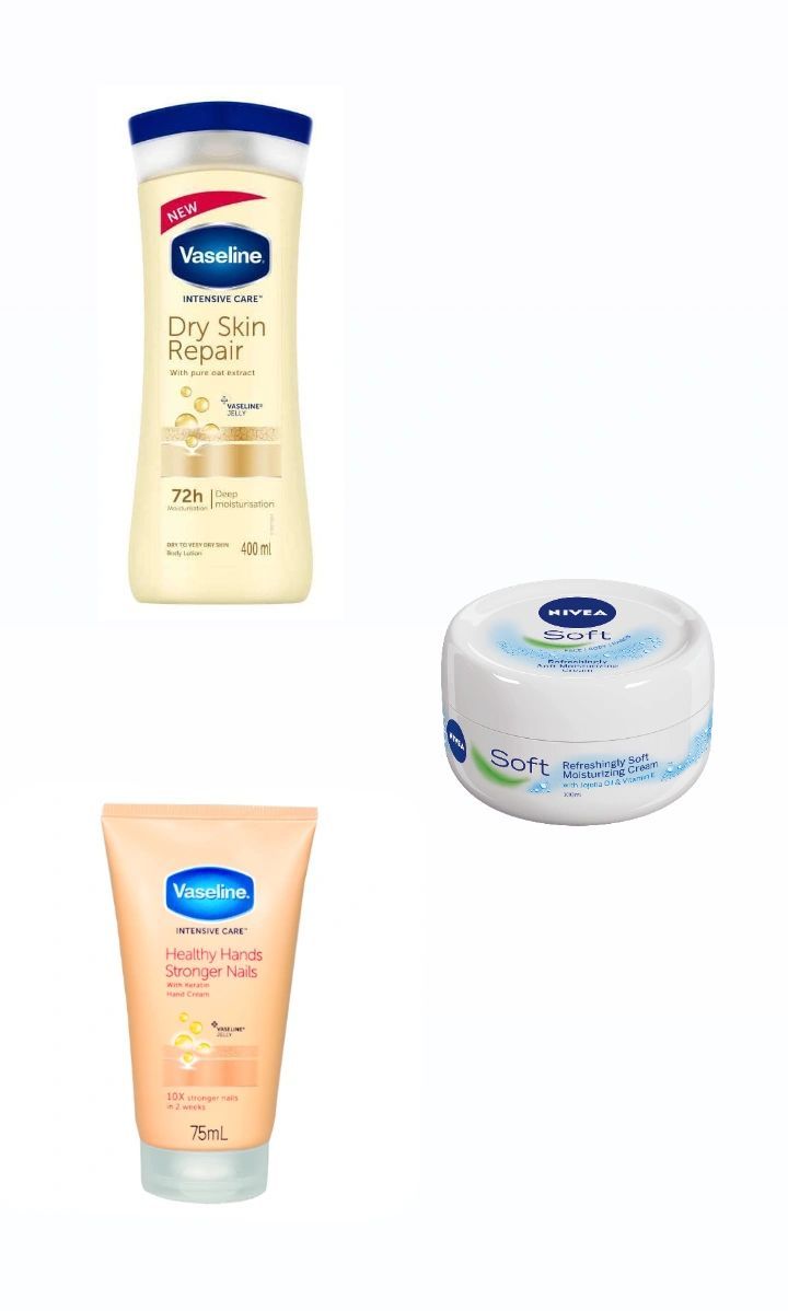 Vaseline 3 In 1 DRY SKIN COMBO: Dry Skin Repair Body Lotion + Nivea Soft Moisturizing Cream + (FREE Healthy Hands & Stronger Nails Handcream)