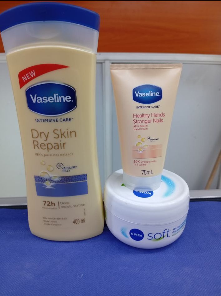 Vaseline 3 In 1 DRY SKIN COMBO: Dry Skin Repair Body Lotion + Nivea Soft Moisturizing Cream + (FREE Healthy Hands & Stronger Nails Handcream)