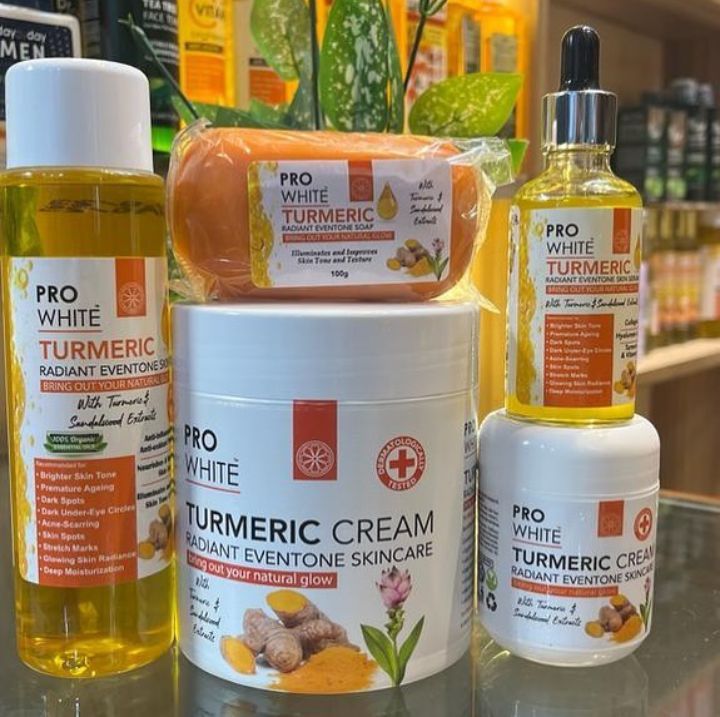 Pro White 5 in 1 Tumeric Set: Body oil + Body cream + Soap + Face cream + Face serum