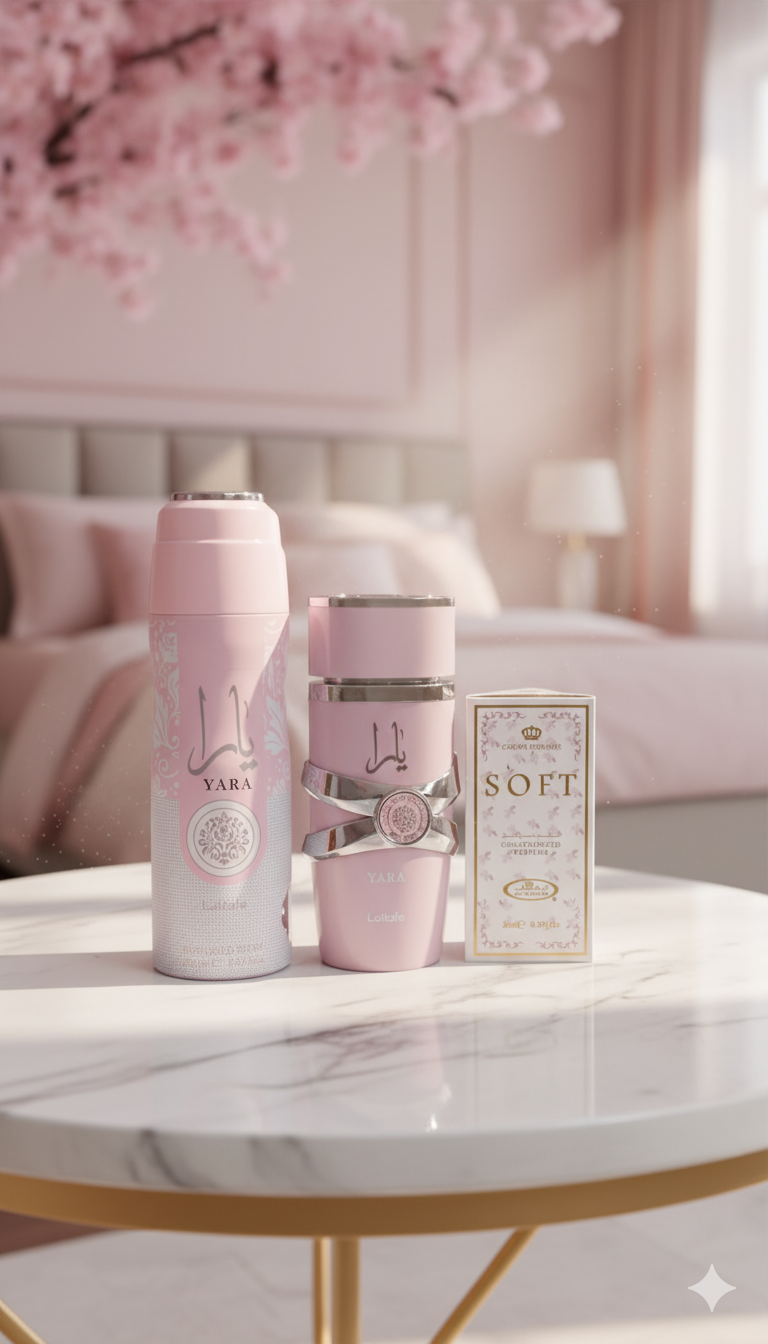 3 in 1 PERFUME SET: Yara Lataffa Pink Perfume + Yara Deo Spray + Soft Perfume Oil